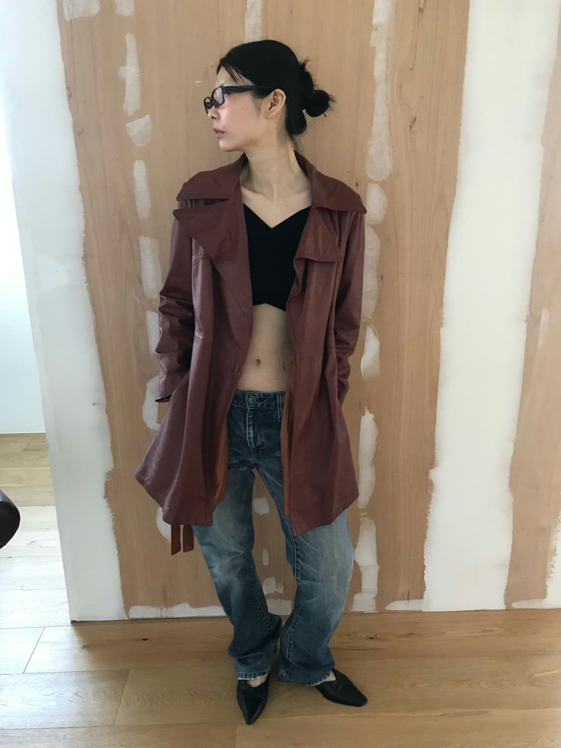 vintage burgundy belt leather jacket 상품이미지3