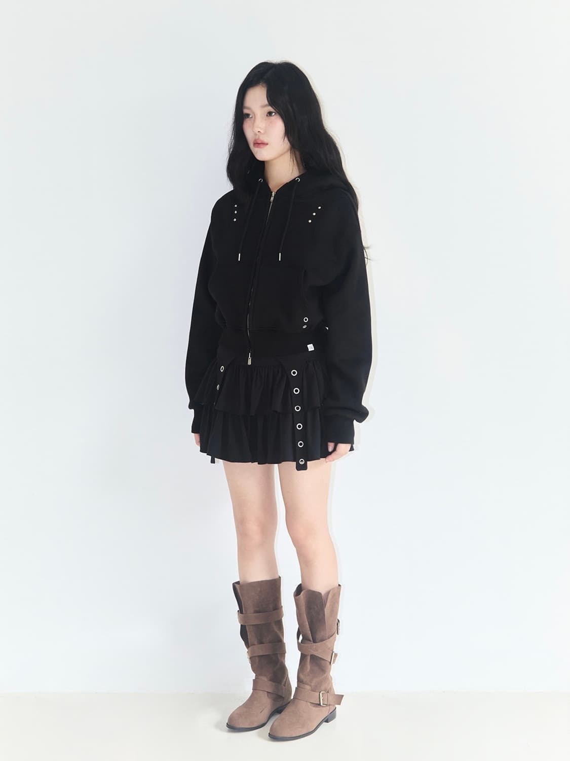 일리고 스터드 후드집업 + 캉캉 레이어드 립 스커트 세트 상품이미지3