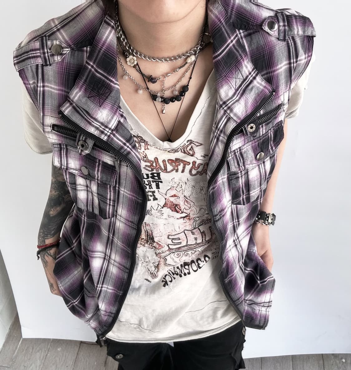 purple x black check pattern punk ve 상품이미지2