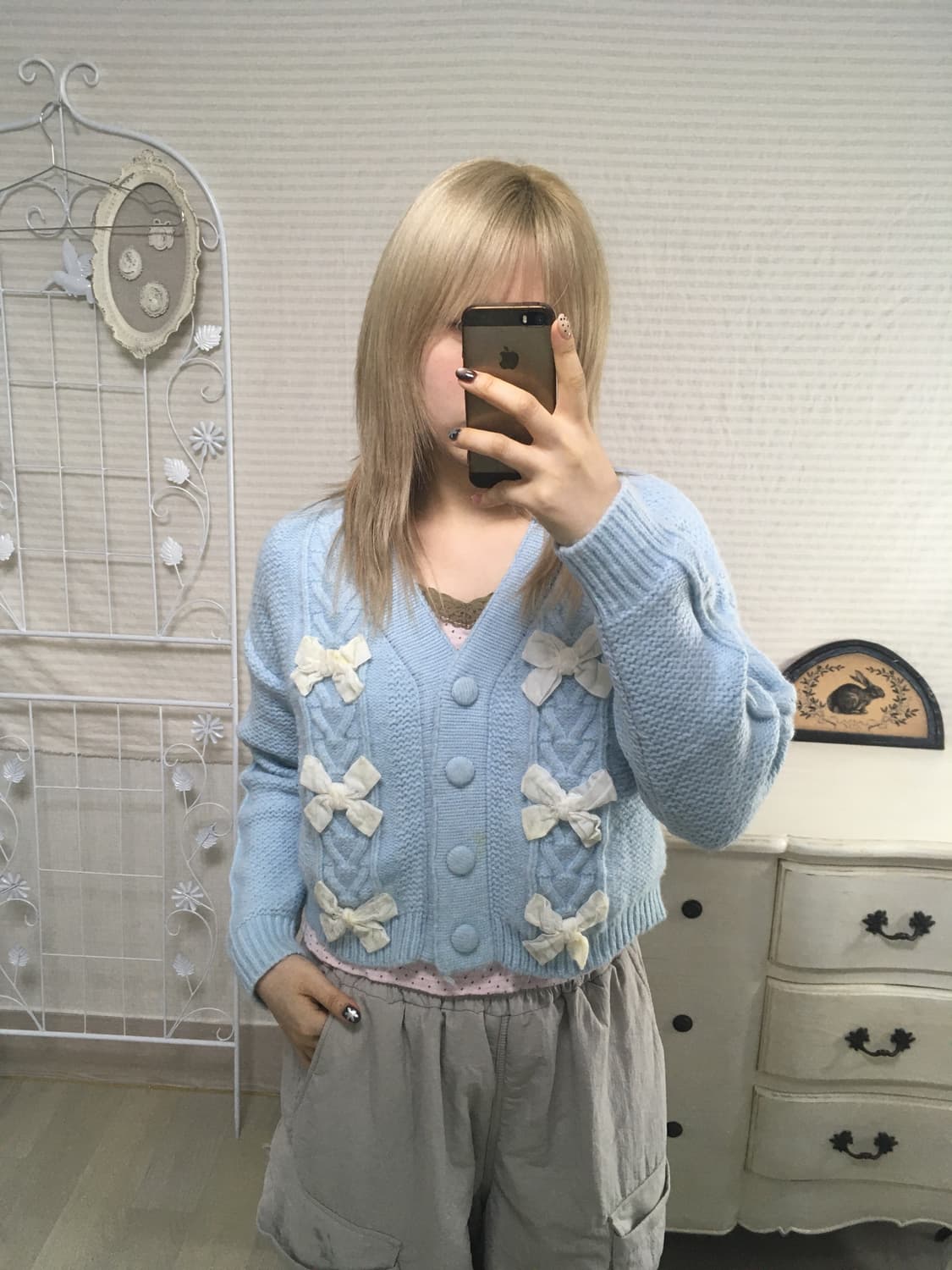 일본빈티지 페일블루 리본 가디건 상품이미지3