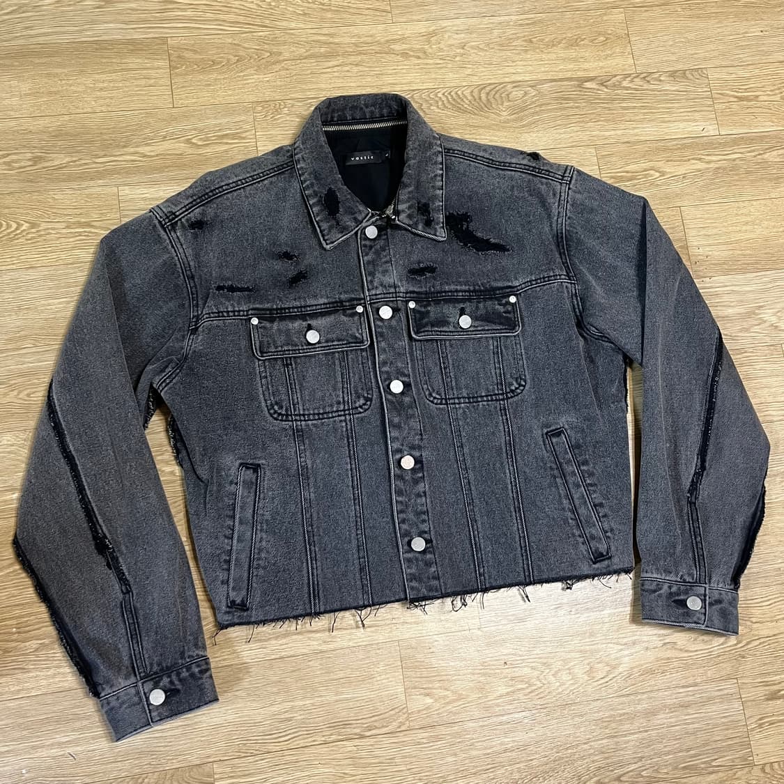 커스텀) 바스틱 클린 로우 컷 넥 집 데님 자켓 블랙 청자켓 상품이미지1