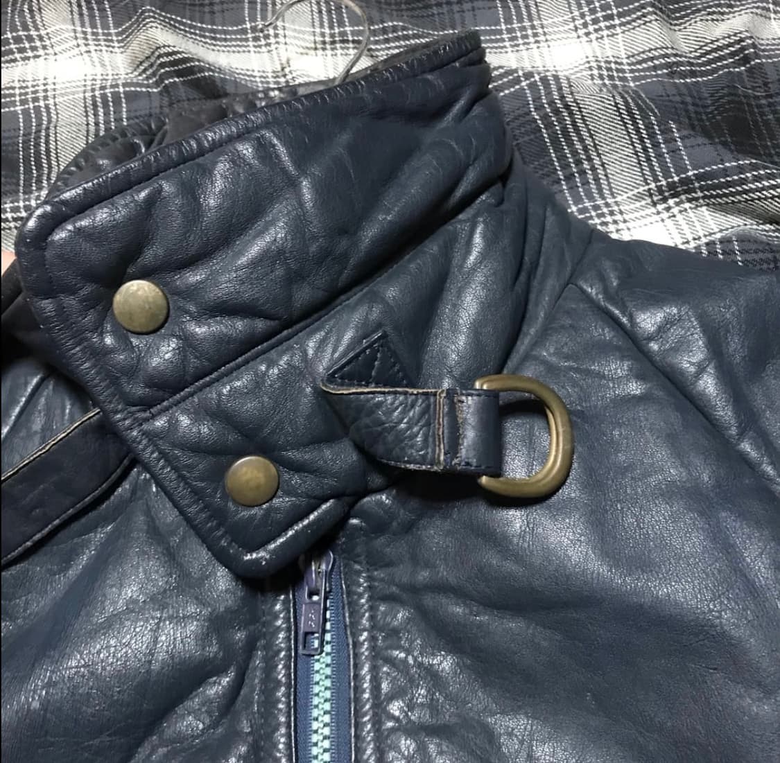 레어 - 재팬 빈티지 블루 블랙 리얼레더 소가죽 패딩 상품이미지3