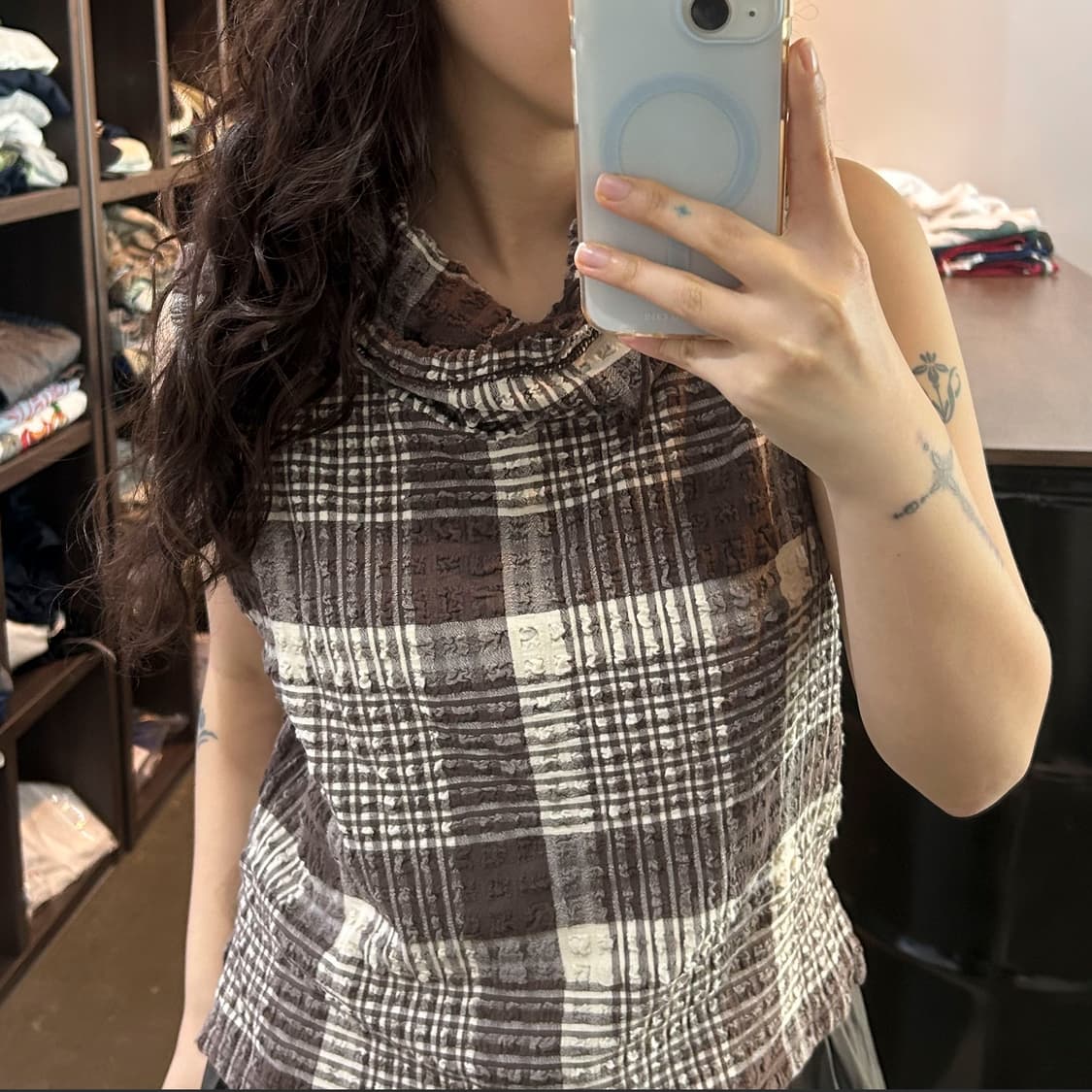 브라운 체크패턴 슬리브리스 상품이미지2