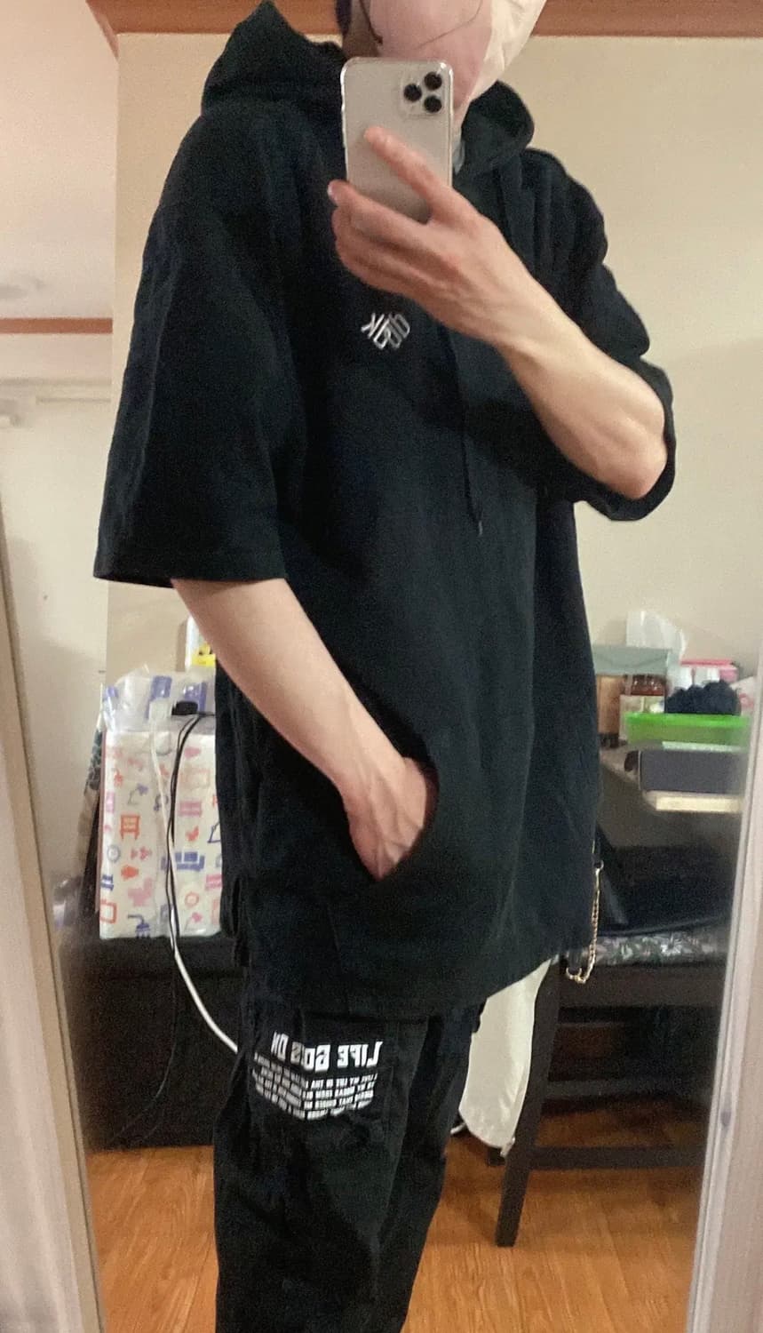 디그낙12 - 오버핏 더블 후드 반팔 티셔츠 (블랙/L) 상품이미지5