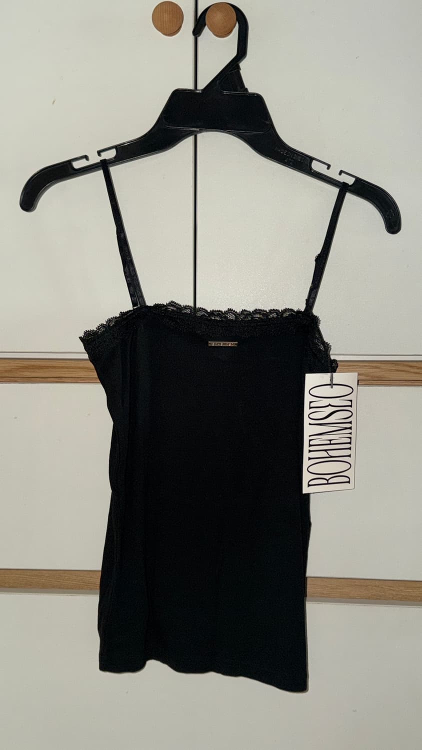 보헴서 블랙 레이스 슬리브리스 끈나시 이너웨어텐셀골지니트슬림검정색홀터넥퀘 상품이미지1