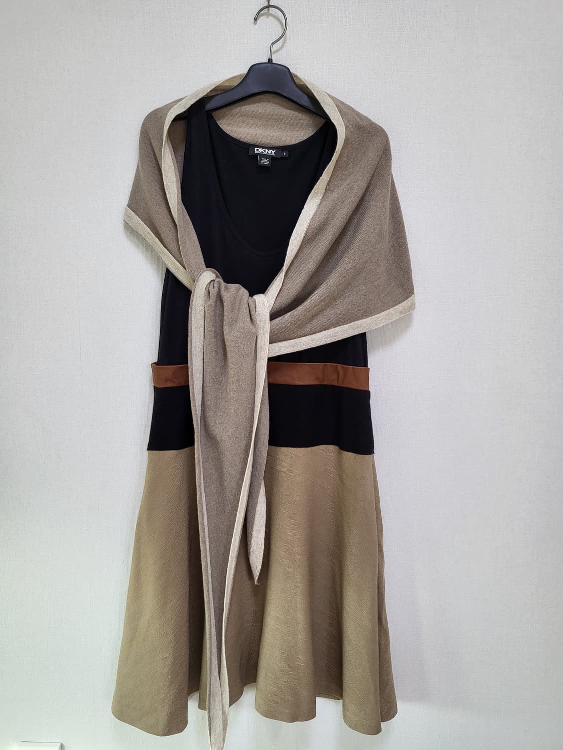 일본구매 DKNY 도나카렌 리얼가죽+고급린넨+면 배색 원피스 free 상품이미지9