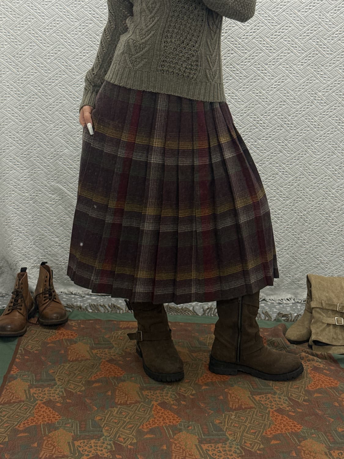 빈티지 코지 모리 하구미룩 믹스체크 플리츠 롱스커트 K0097 상품이미지1