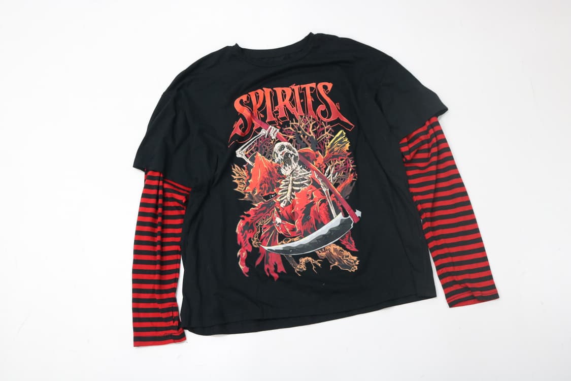 펑크룩 스컬 사신 프린팅 레드 스트라이프 레이어드 긴팔티 상품이미지2