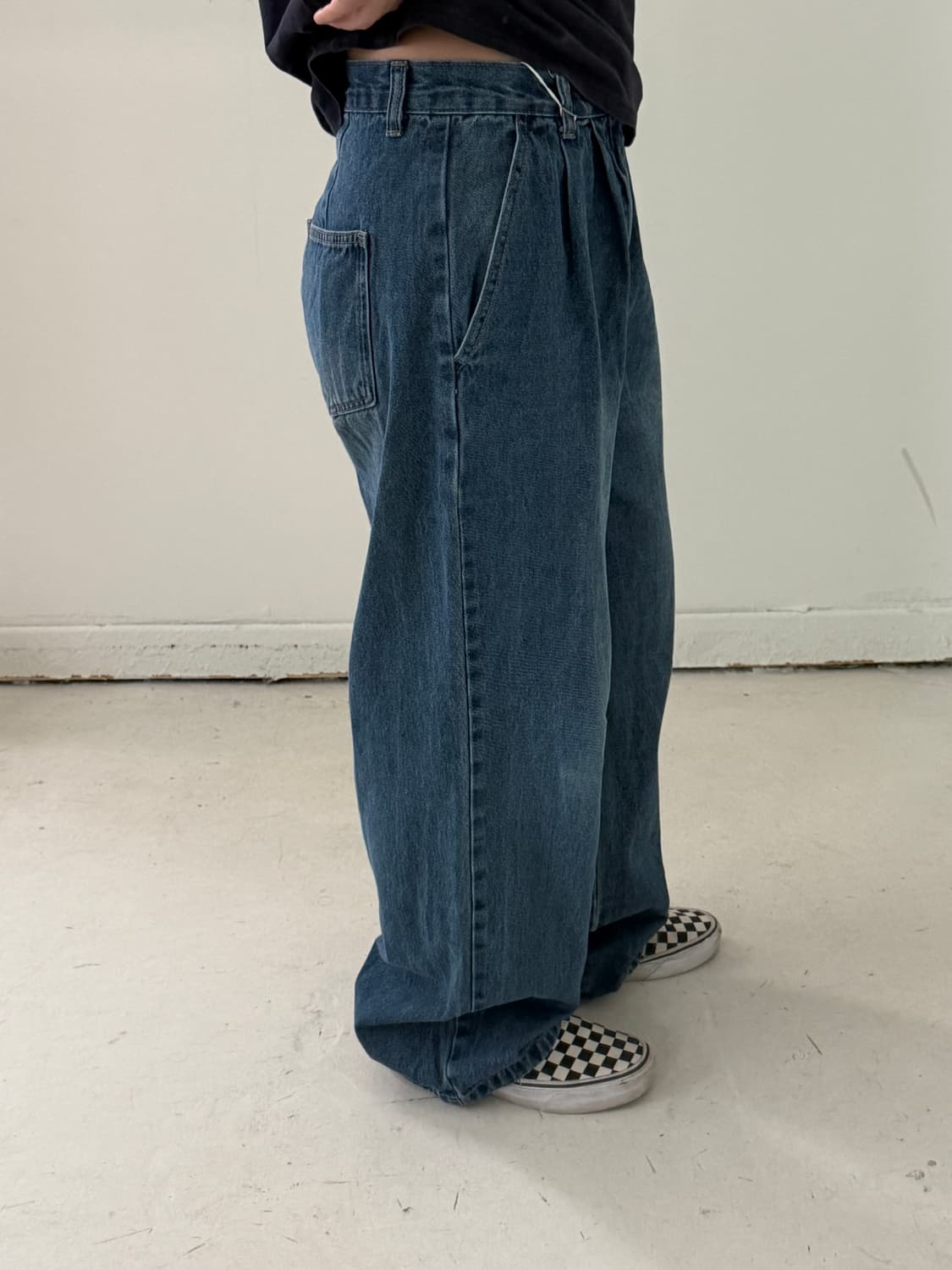 일본빈티지 와이드 핀턱 중청 데님 상품이미지1