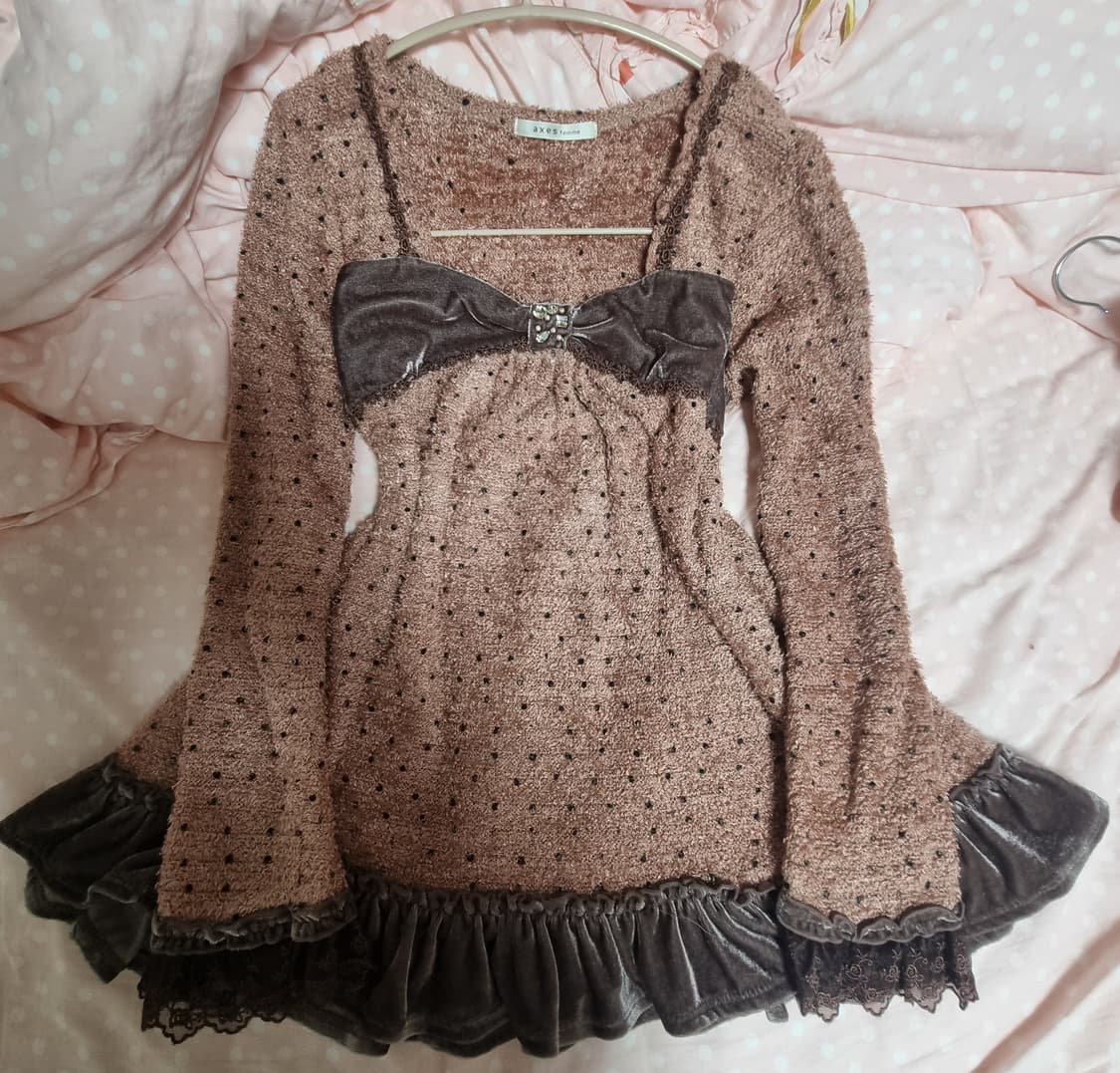 엑시즈팜 라떼갸루 초코맛 리본 니트 로걀탑 도트탑 갸루 리즈리사 트랄라라 상품이미지1