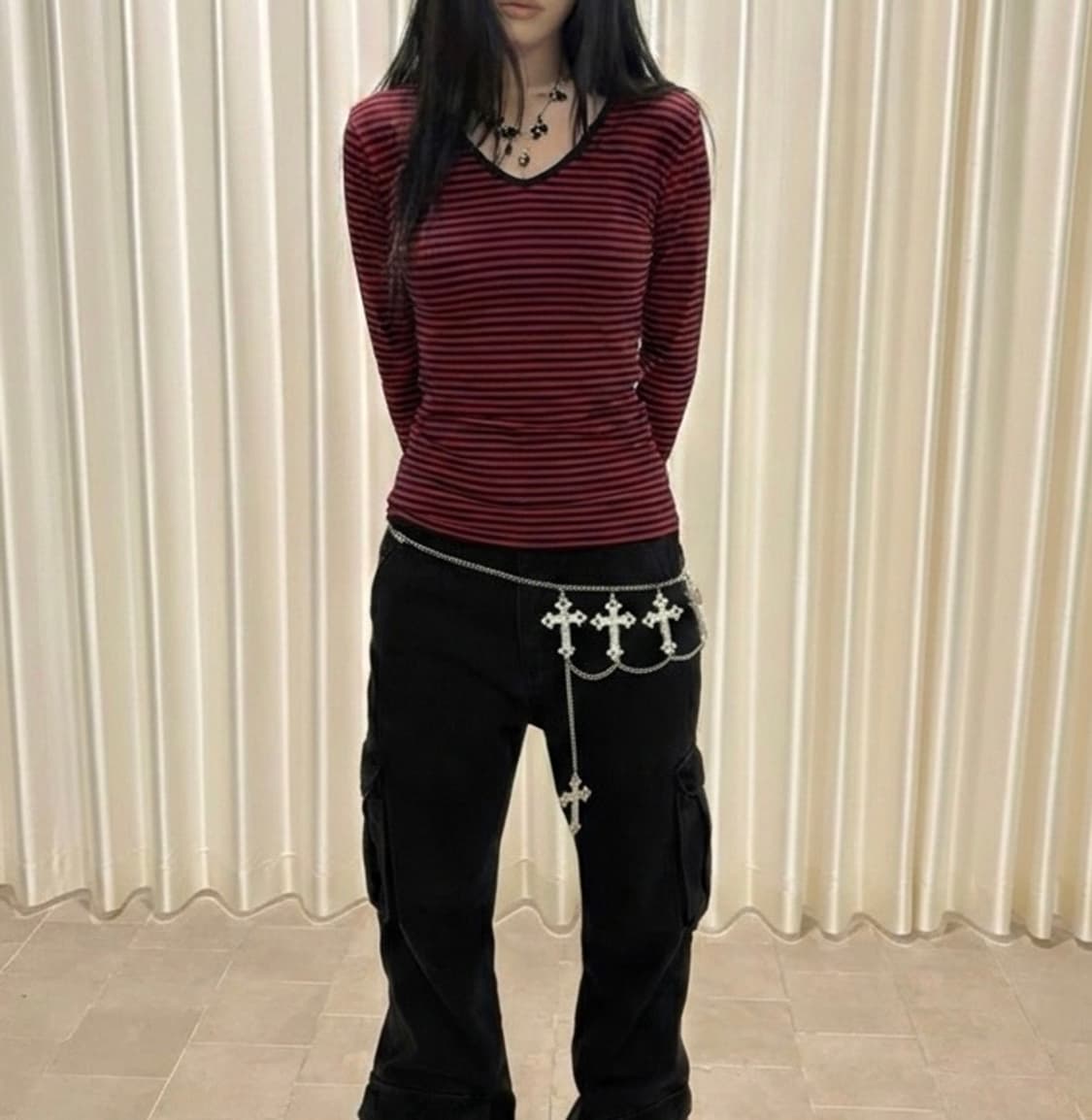 펑크 갸루 y2k 스트라이프 브이넥 긴팔 티셔츠 상품이미지1