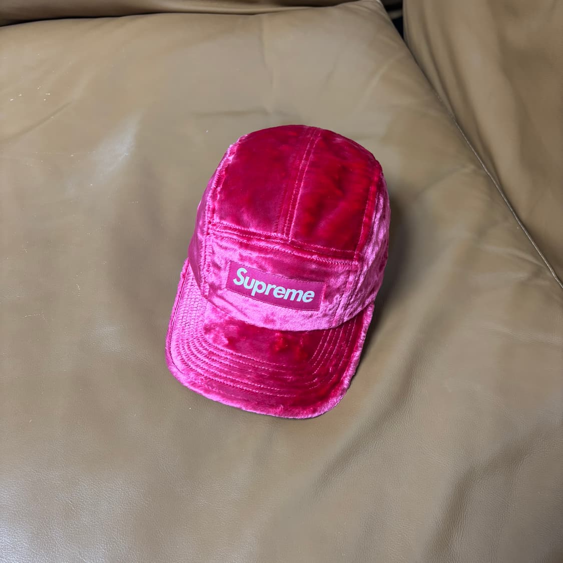슈프림 캠프캡 모자 박스로고 크러쉬 벨벳 핑크 상품이미지1