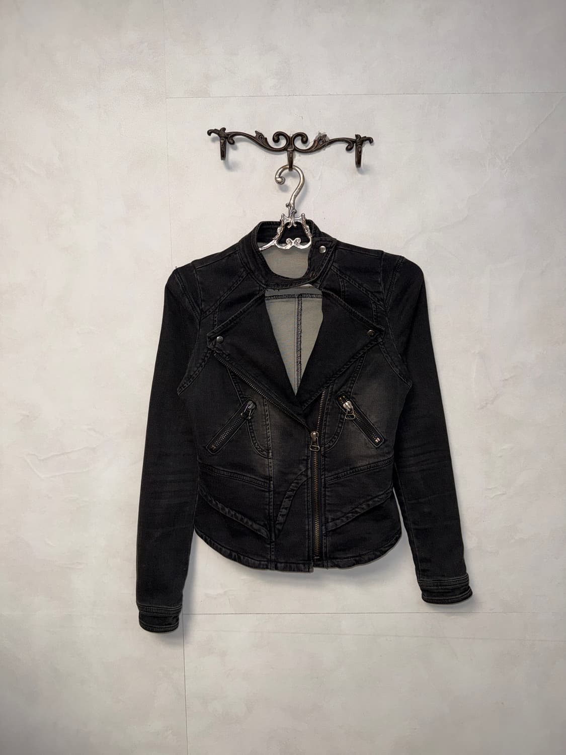 Washing black denim line zipper rider jk 상품이미지2