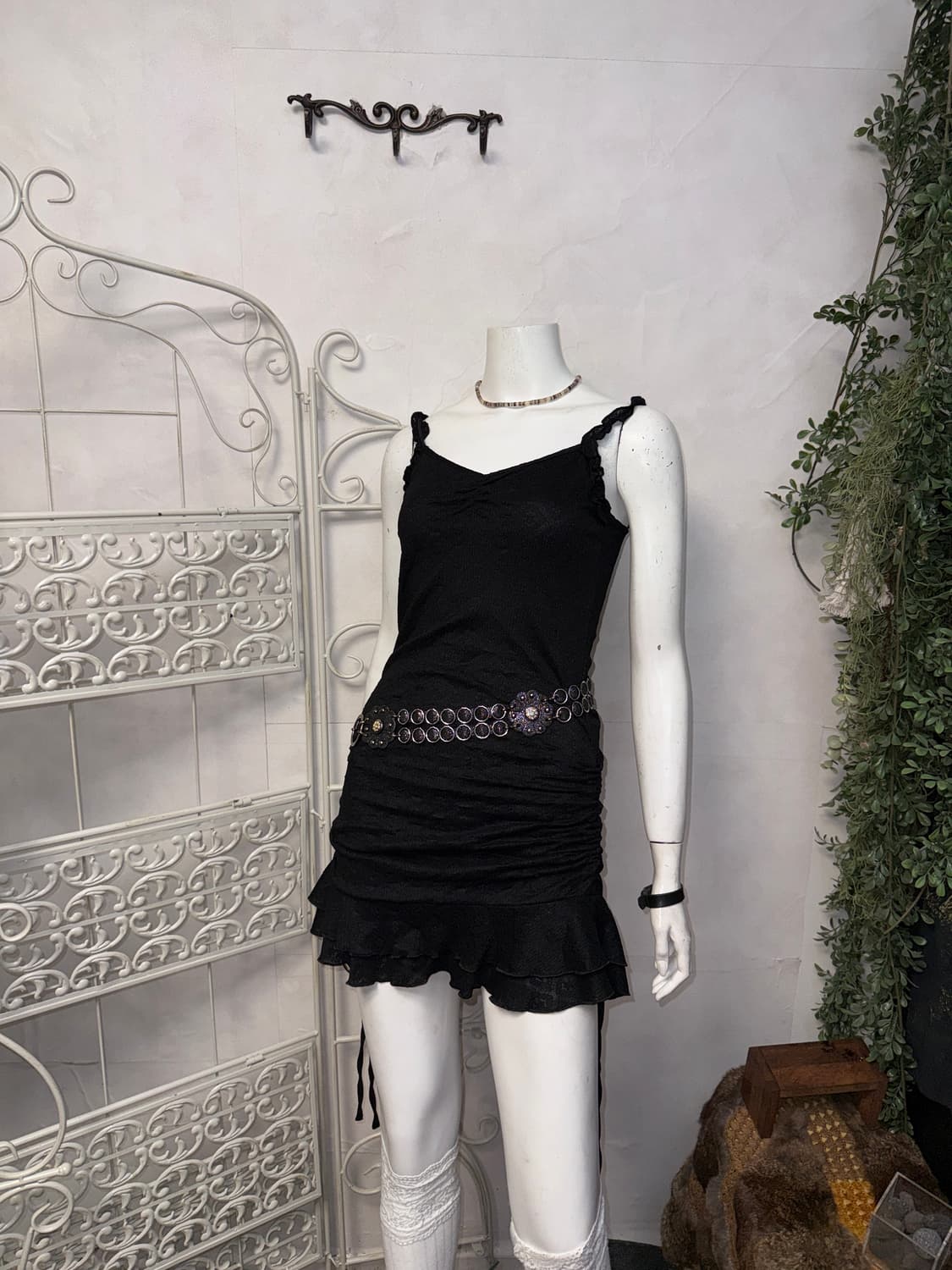 Black floral lace side shirring mini ops 상품이미지2