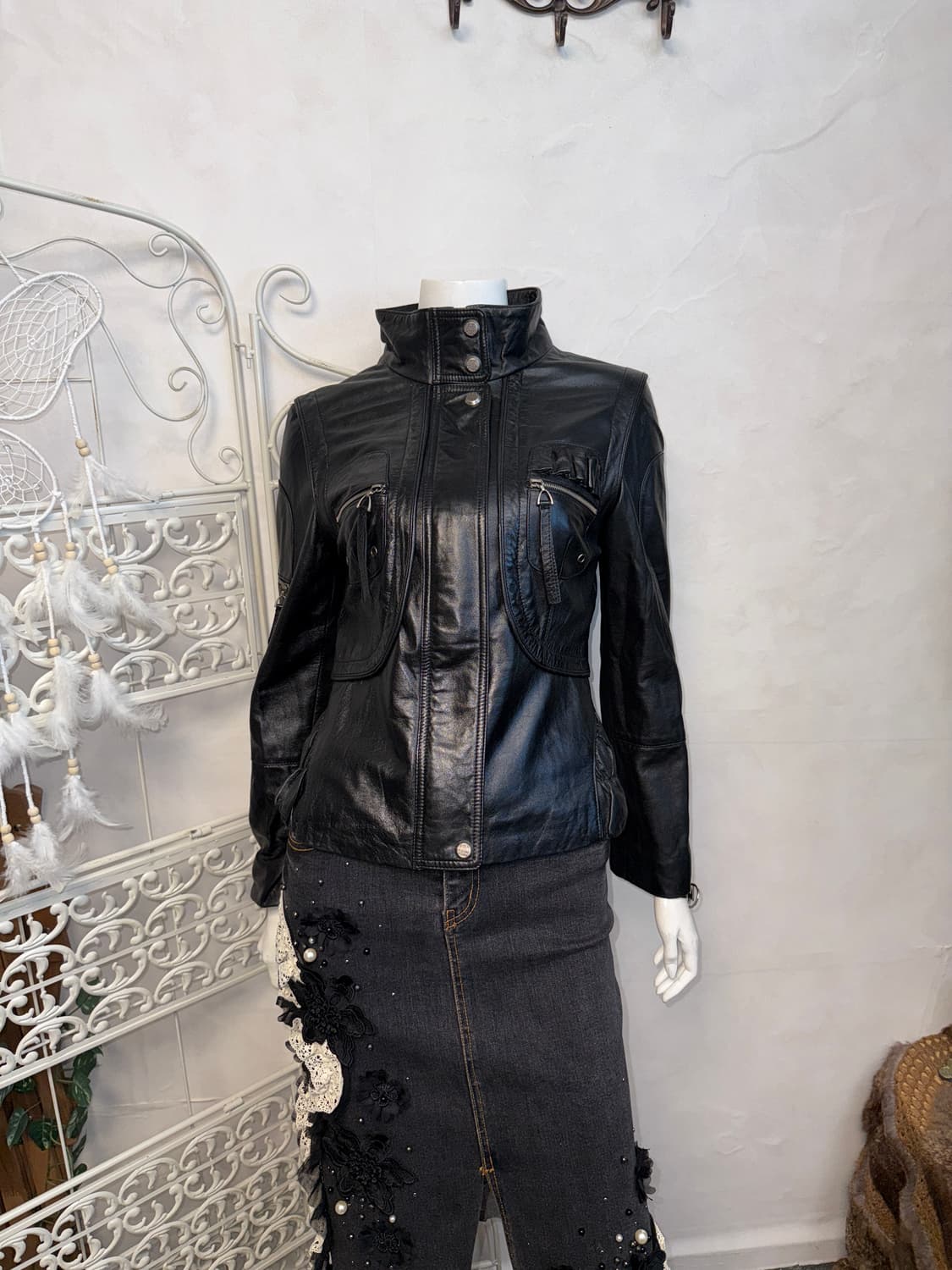 Black lamb skin zipper wrinkle detail jk 상품이미지5