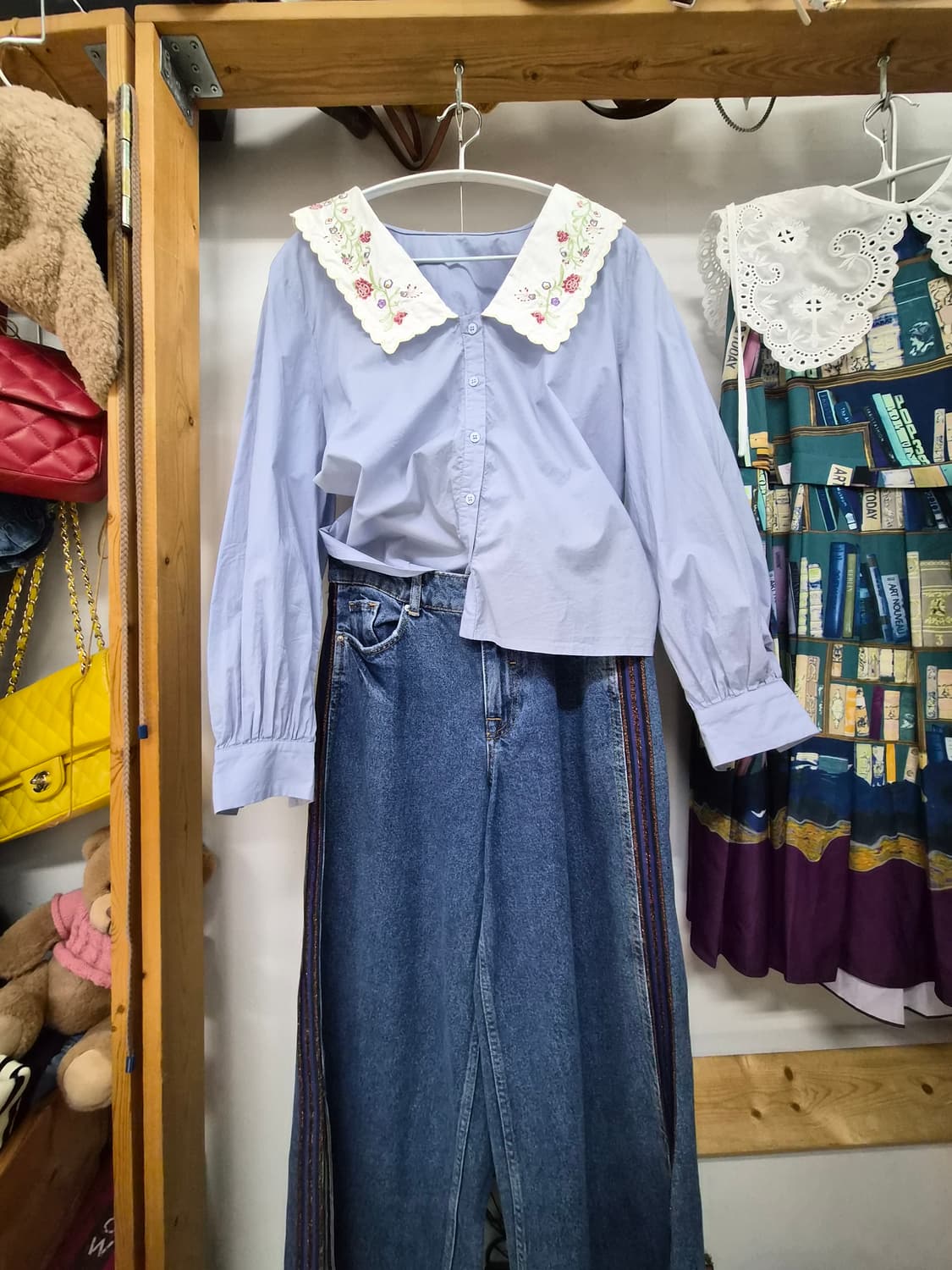 수입 자수넥카라 셔츠. 자라 슬릿 와이드데님 상품이미지1