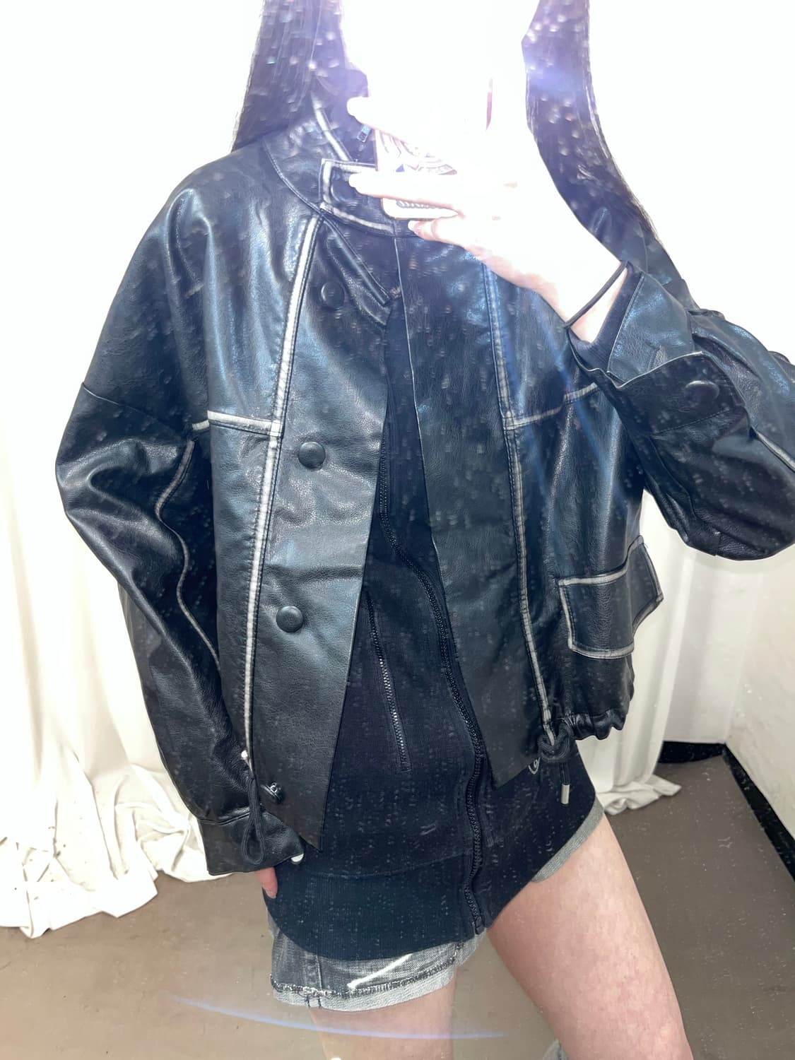 블랙 워싱 버튼 레더 자켓 상품이미지3