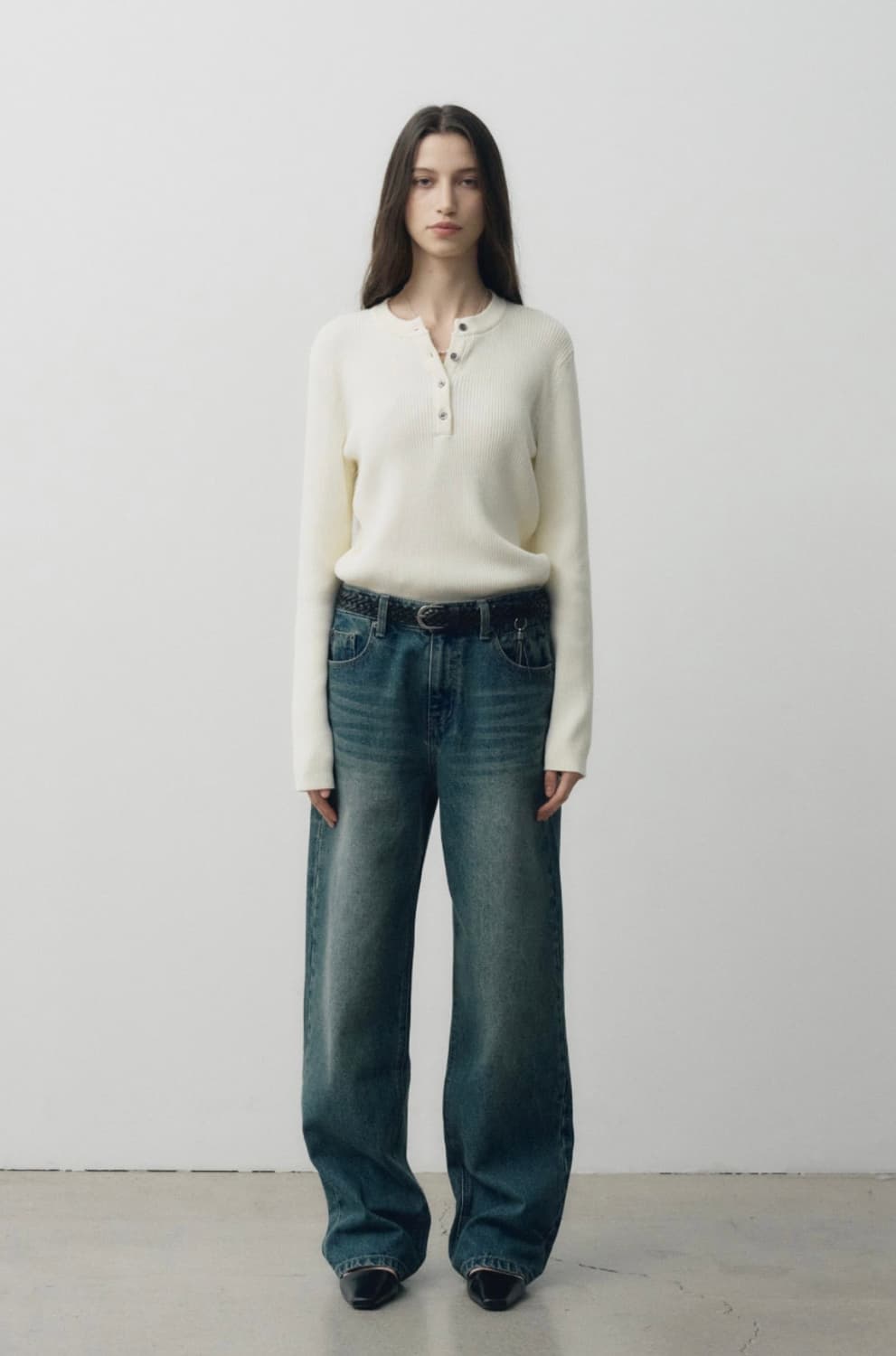 noirer 코튼 리브드 헨리넥 니트 36사이즈 상품이미지1