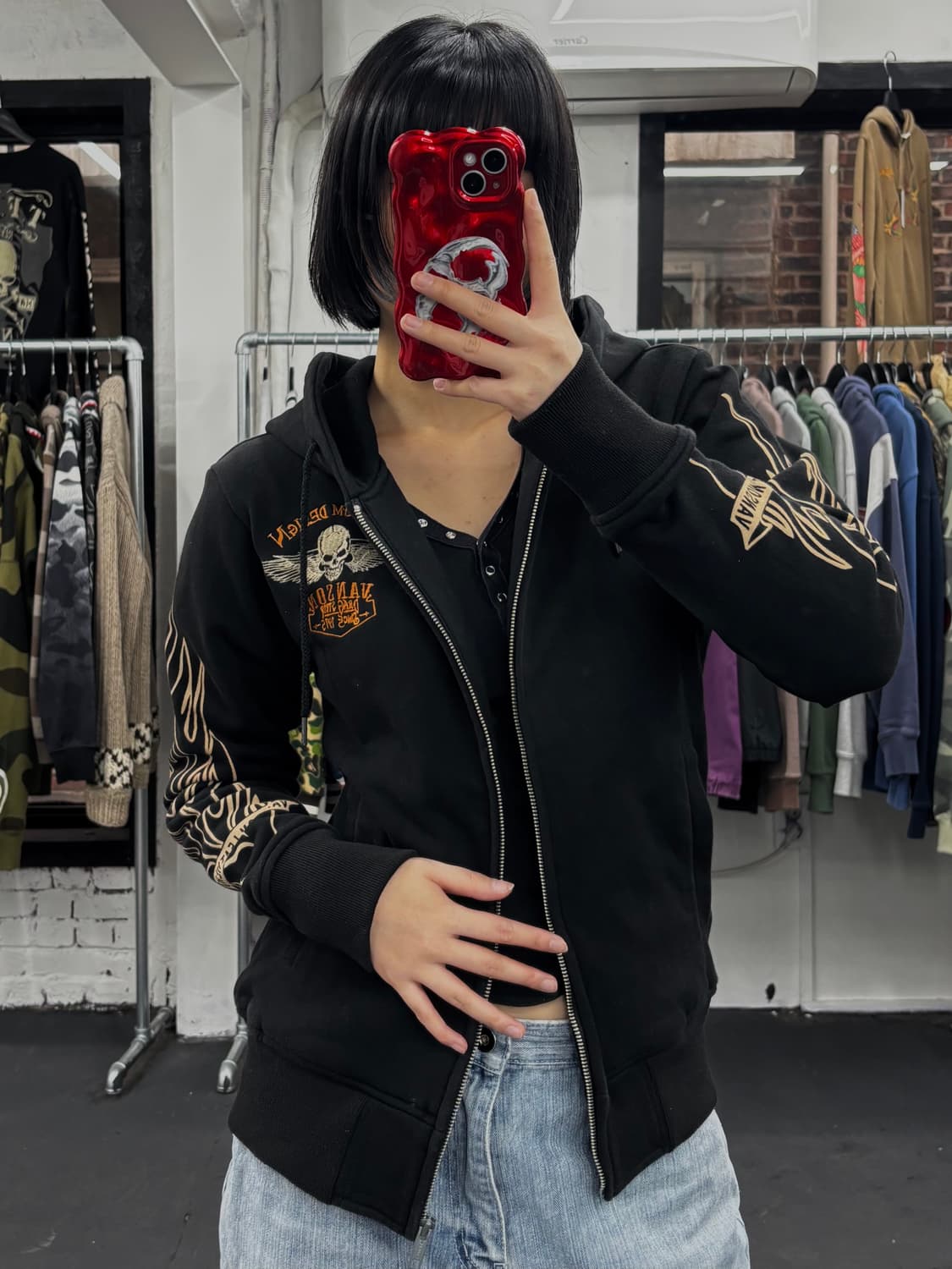 밴슨 레더 사이드 로고 스컬 후드집업 상품이미지3