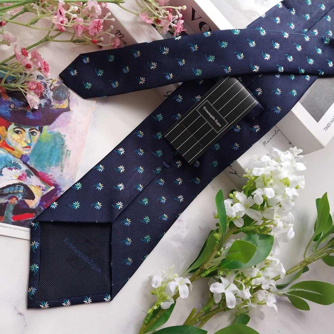 제냐 실크 네이비 플라워 패턴 넥타이 9.3cm 새제품 K2446 상품이미지4