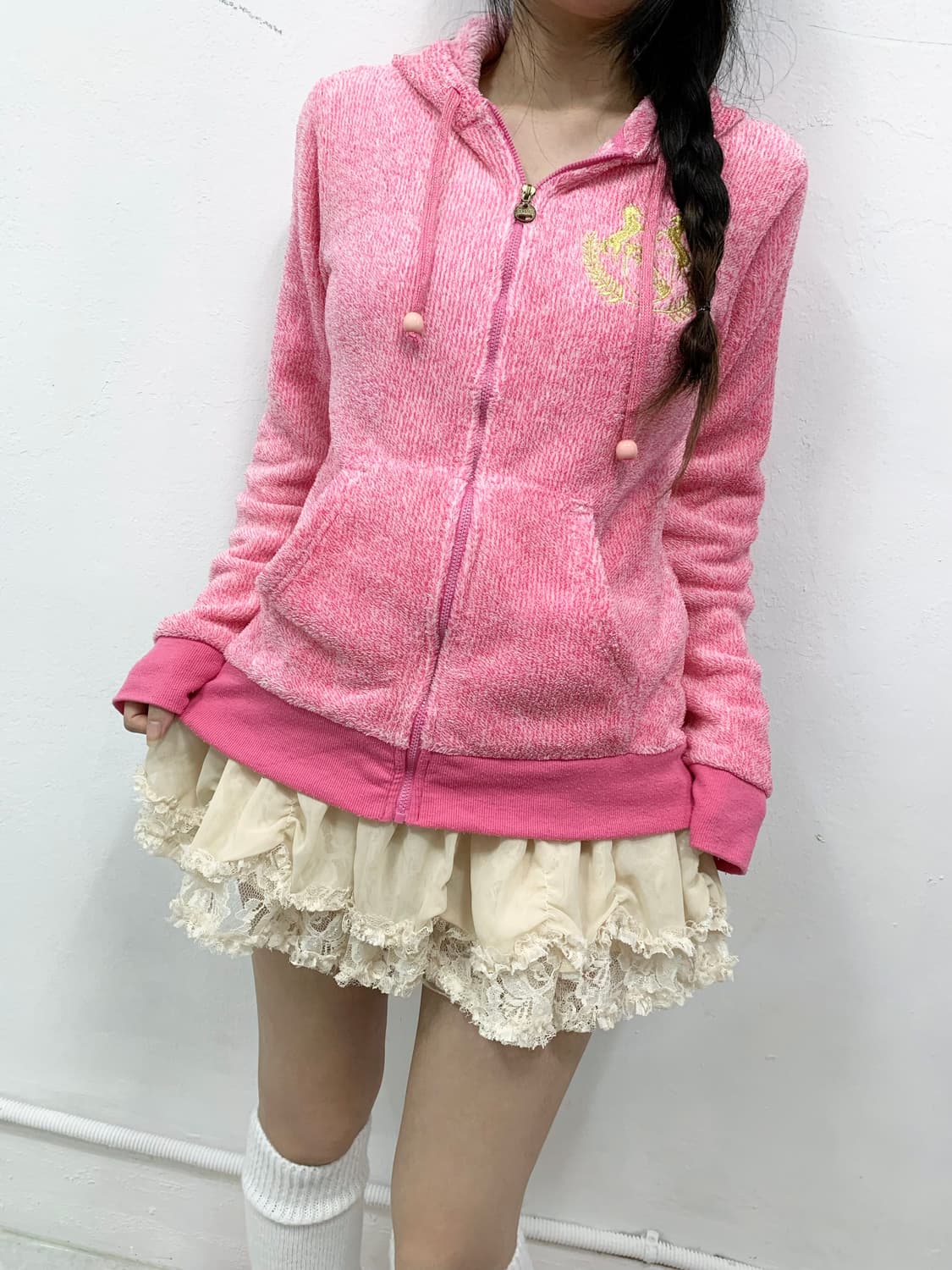 [SUNBLAZE] 갸루 핑크 리본 폭닥 후드집업 상품이미지3