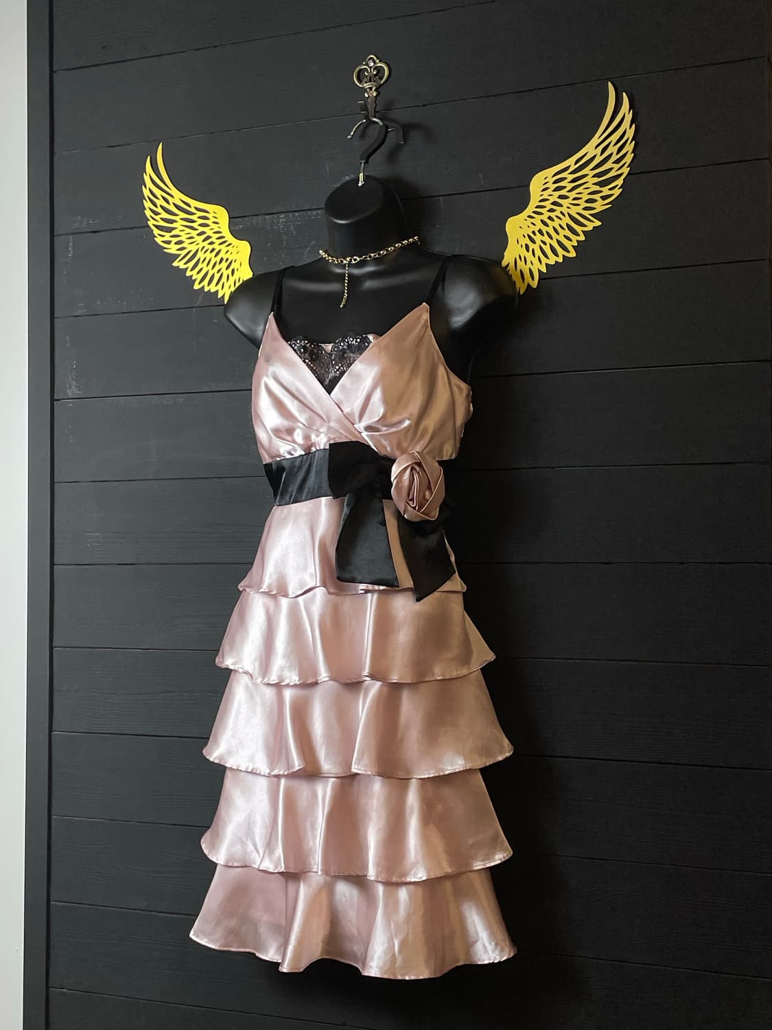 JPN 갸루 꽃 리본 장미 플라워 실크 레이어드 핑크 골드 슬립 원피스 상품이미지2