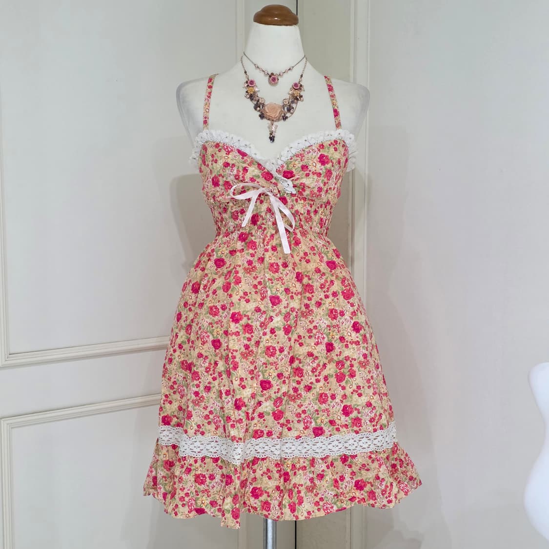 리즈리사 일본빈티지)핑크 플로럴 히메갸루st 로맨틱 레이스 리본 원피스 상품이미지1
