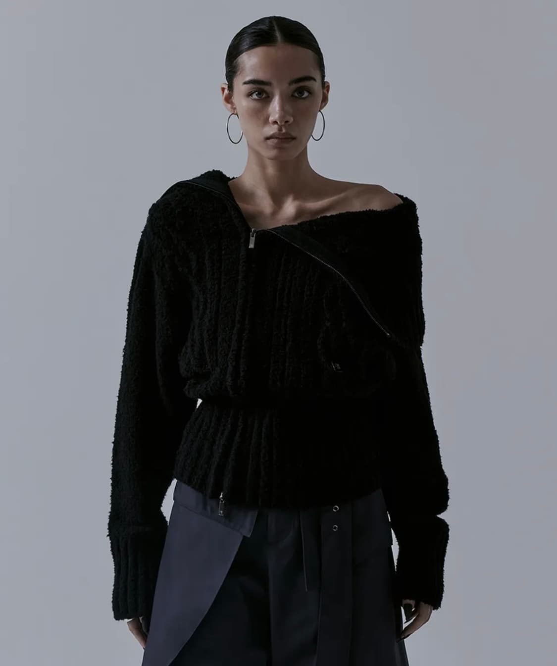 트리밍버드 투웨이 언발란스 오프숄더 니트 집업 상품이미지1