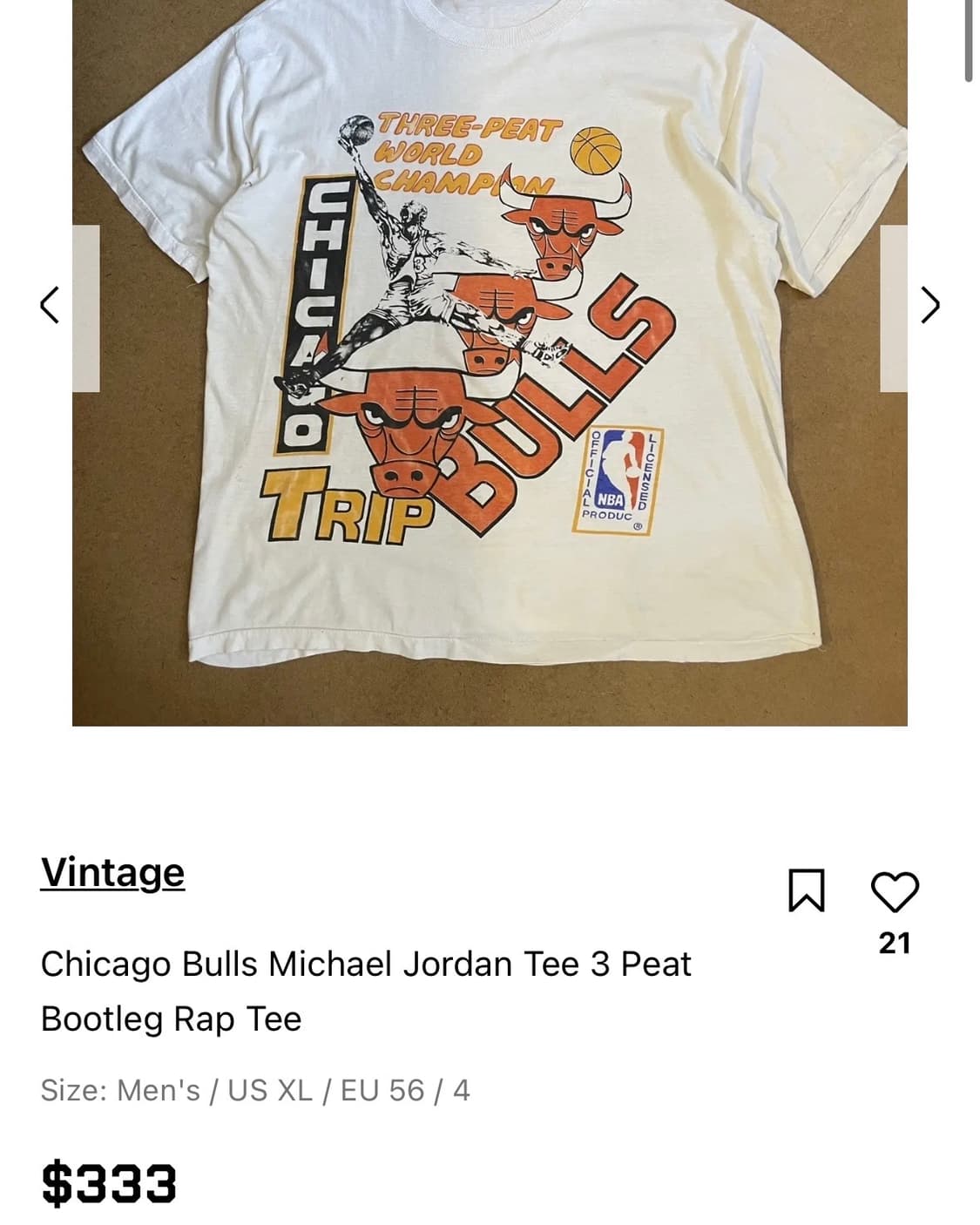 90s Chicago Bulls M.J 3 Peat Bootleg Tee 상품이미지7