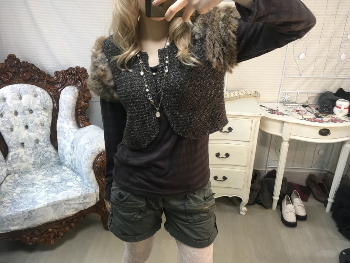 Set)브라운 퍼 글리터 가디건 + 스트라이프 롱슬리브 상품이미지5