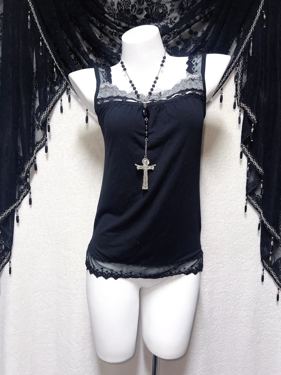 엑팜깔 로맨틱고딕 고스로리 펑크 레이스 도트 슬리브리스 나시 오리엔탈 상품이미지2