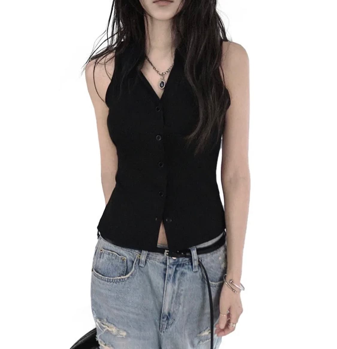 시크윈 시티 슬림핏 단추 블랙 홀터 카라 나시 상품이미지1