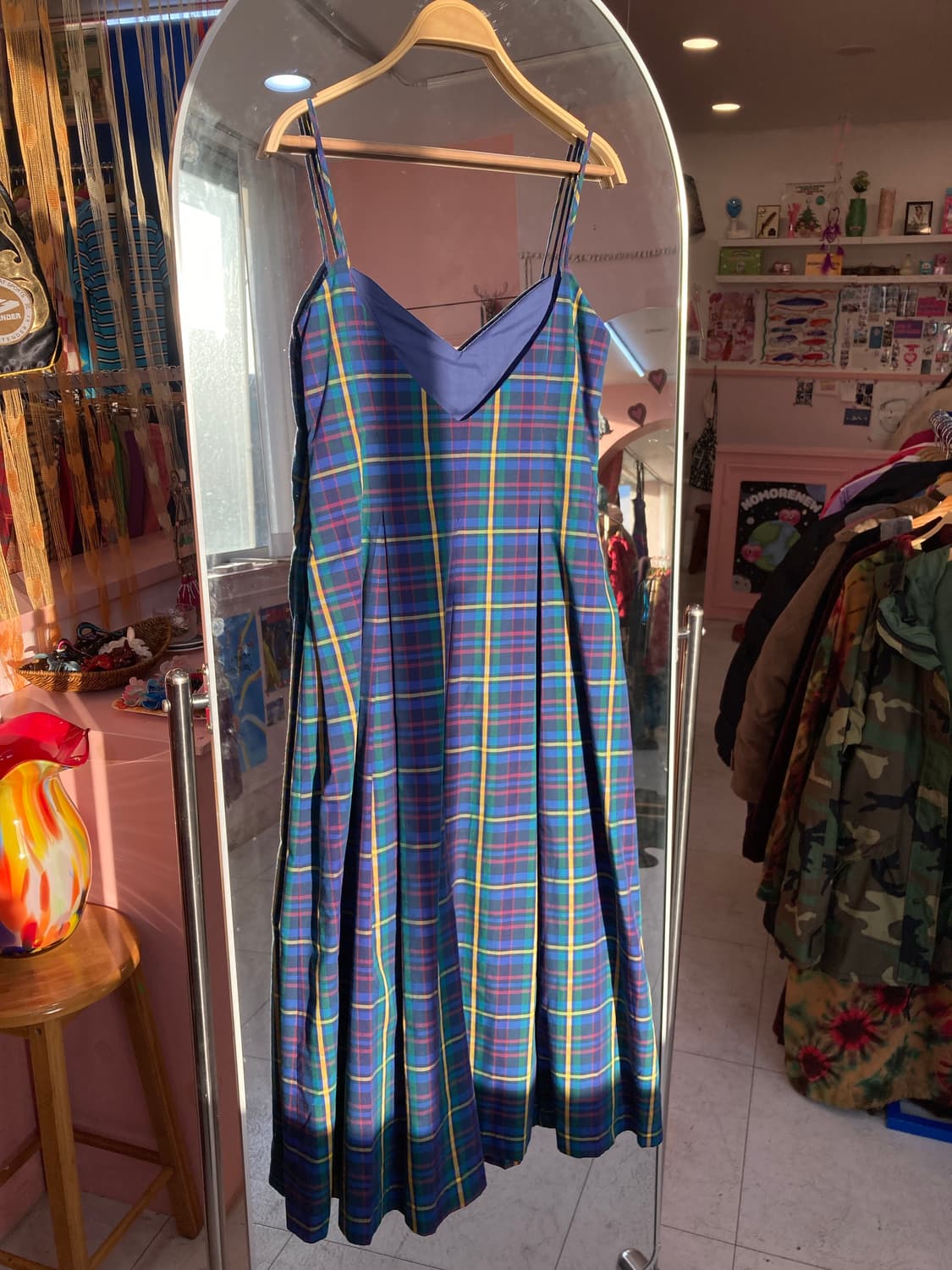 네이비 슬리브리스 체크 플리츠 원피스 상품이미지4