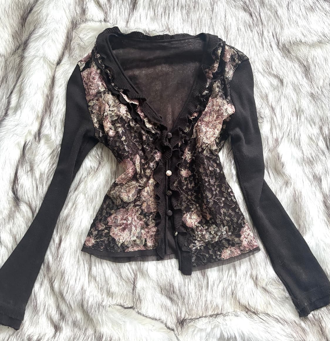 빈티지 오리엔탈 레이스 플라워 패턴 펄 가디건 상품이미지1