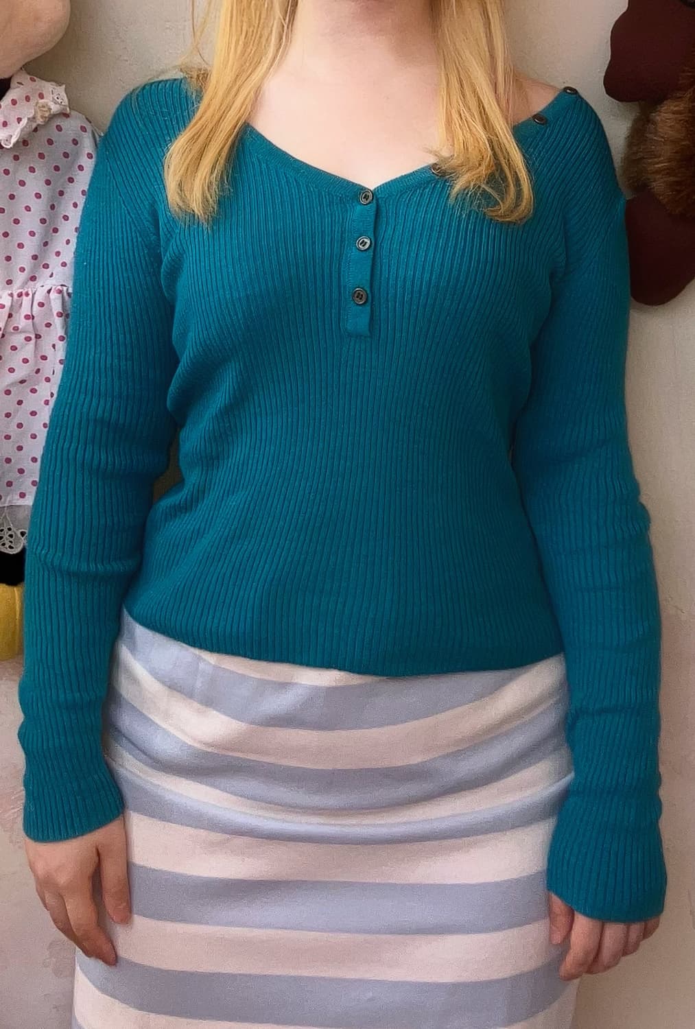 jpn 청민트 오프숄더 골지 니트 상품이미지1