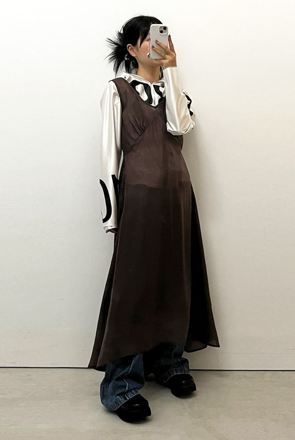 파르티멘토 다트 시스루 레이어드 원피스 브라운 M 새상품 상품이미지3