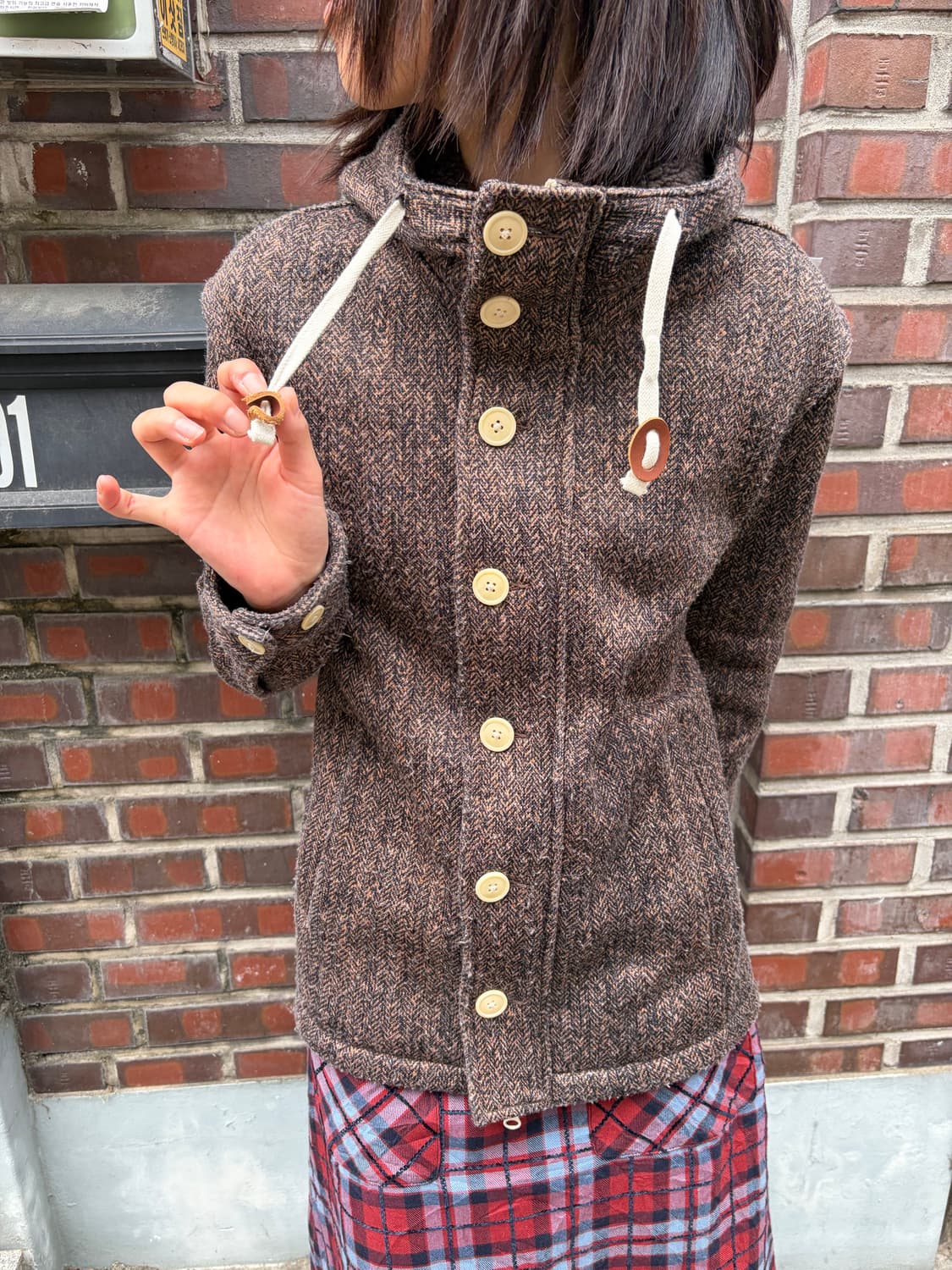 Beams 브라운 헤링본 플리스 후드 토글 자켓 S 상품이미지4