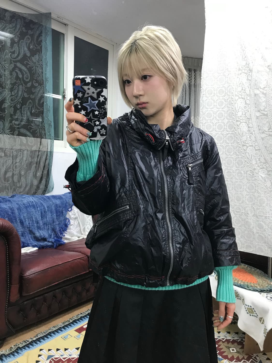 A6 빈티지 레드 스티치 홑겹 7부 바람막이 상품이미지1