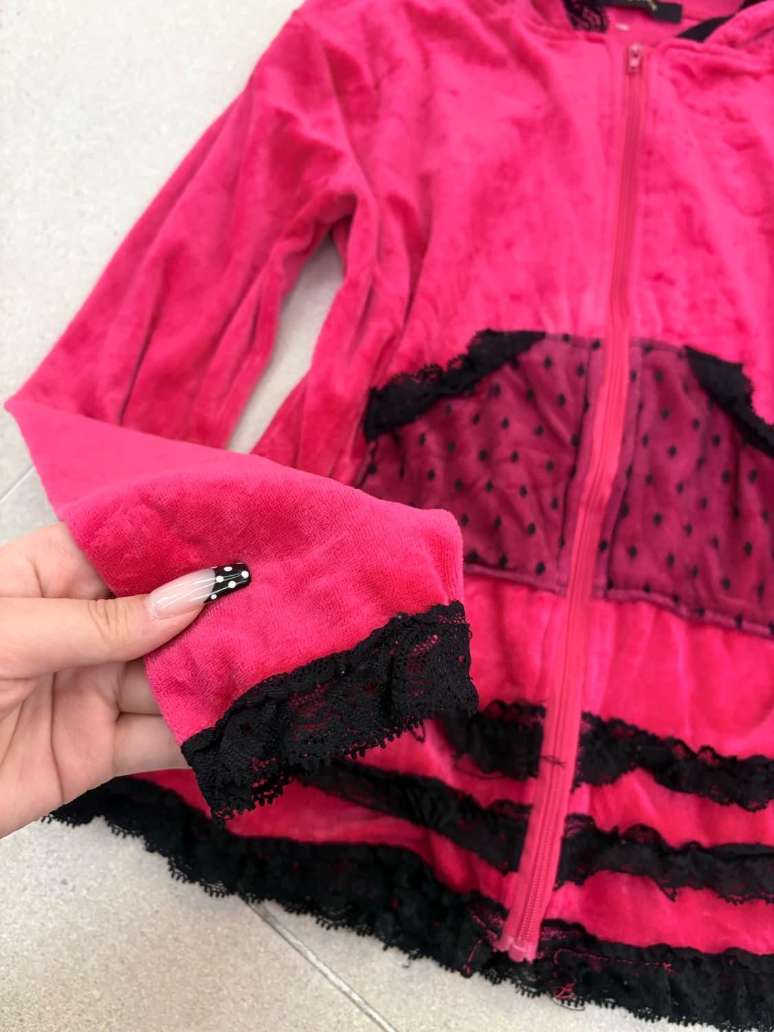 핫핑크 레이스 벨벳 후드집업 상품이미지4