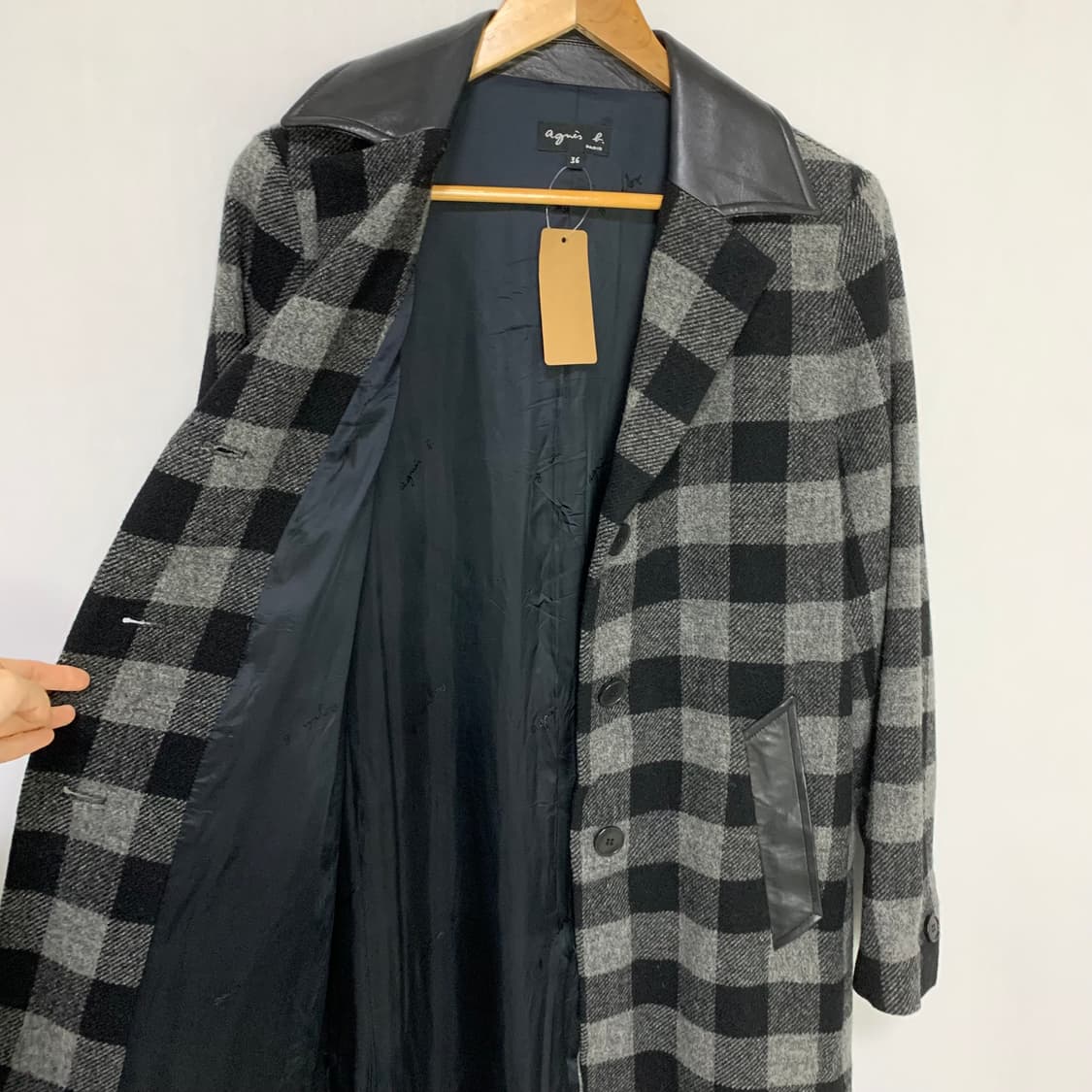 아네스베 빈티지 레더 배색 체크 롱코트 36사이즈 상품이미지5