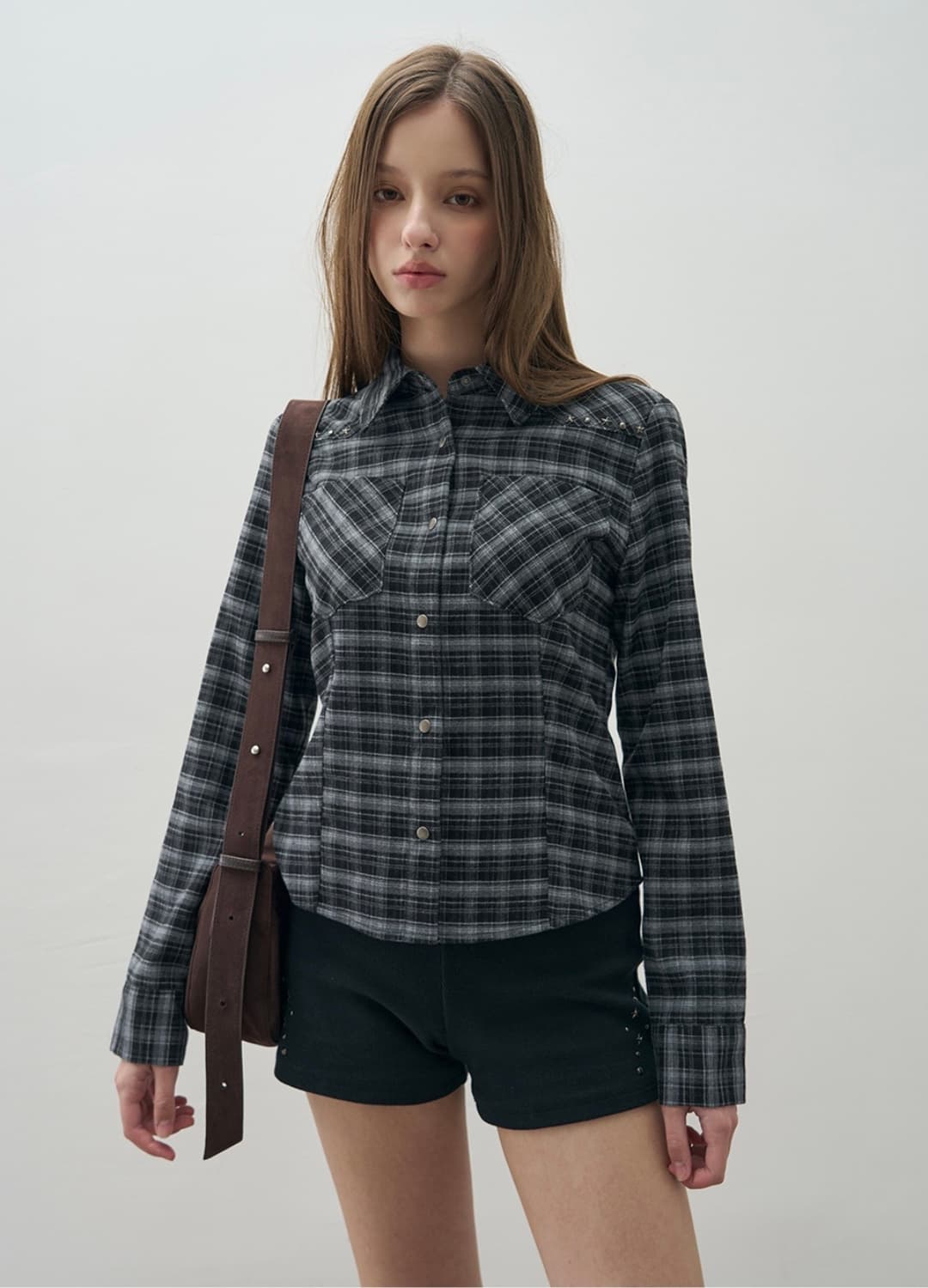 (새상품) 레더리 체크 웨스턴 슬림셔츠 블랙 그레이 겨울셔츠 상품이미지1