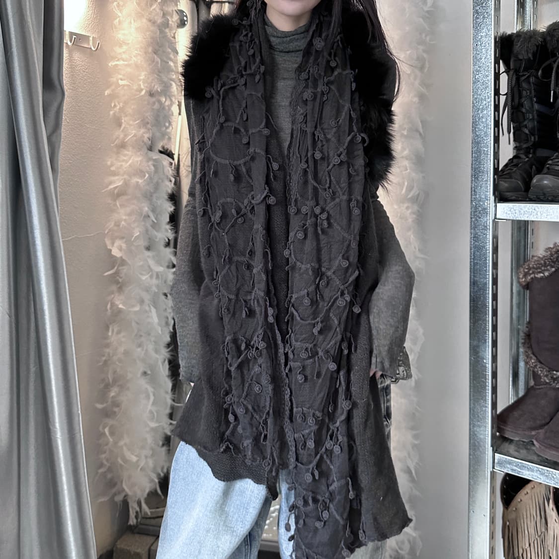 빈티지 퍼 앤 레이스 니트 롱 스카프 상품이미지6