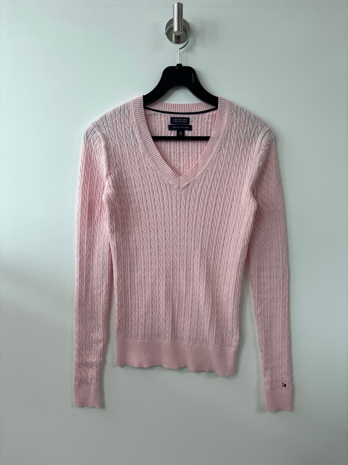 타미힐피거 브이넥 케이블 니트 여리핏 딸기우유 상품이미지2