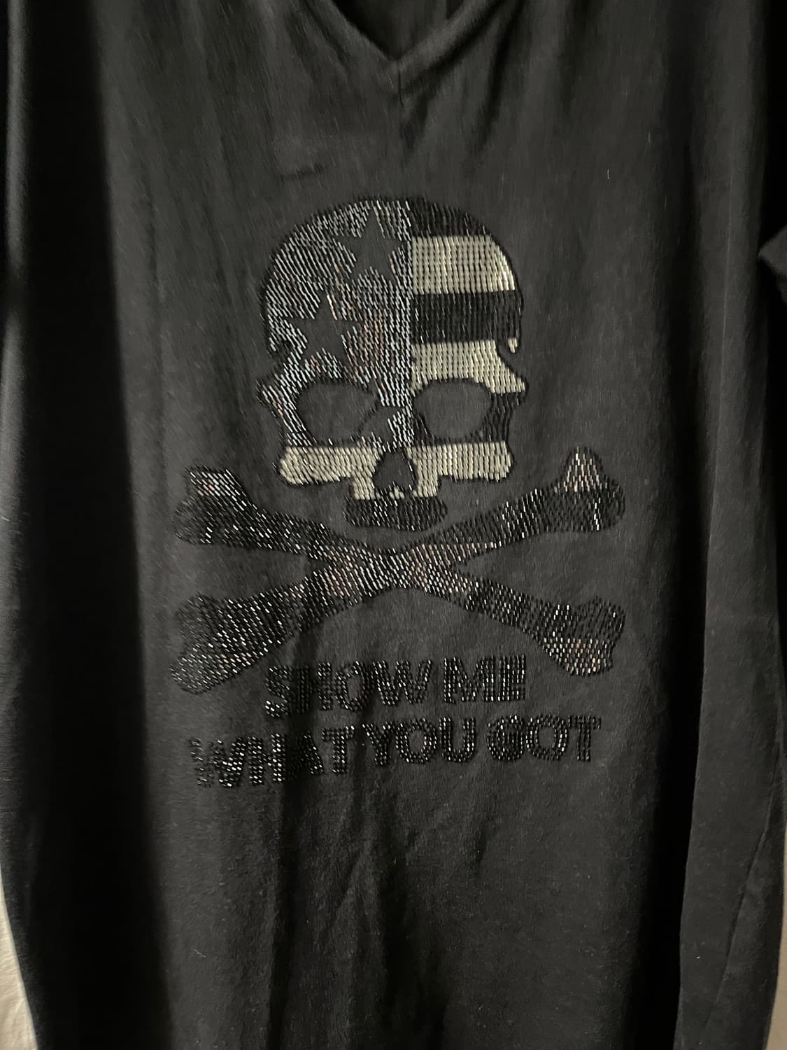 American Flag Skull Rhinestone V-Neck 상품이미지2