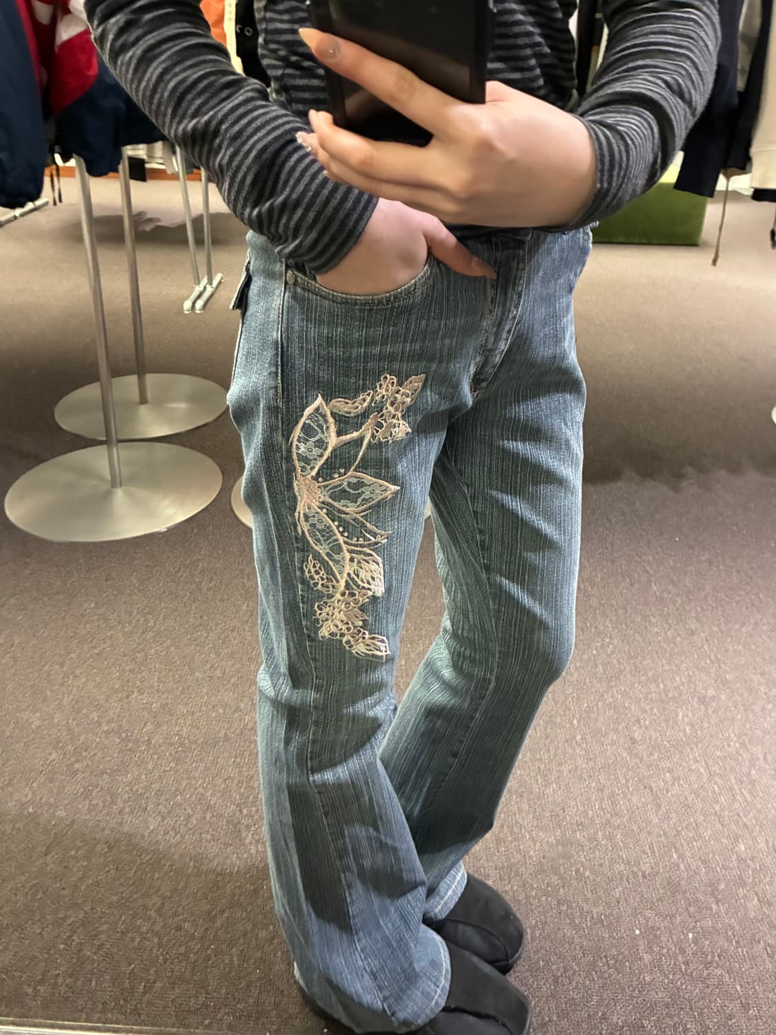 OS)Japanese vintage 여성 플라워 자수 부츠컷 팬츠 상품이미지1