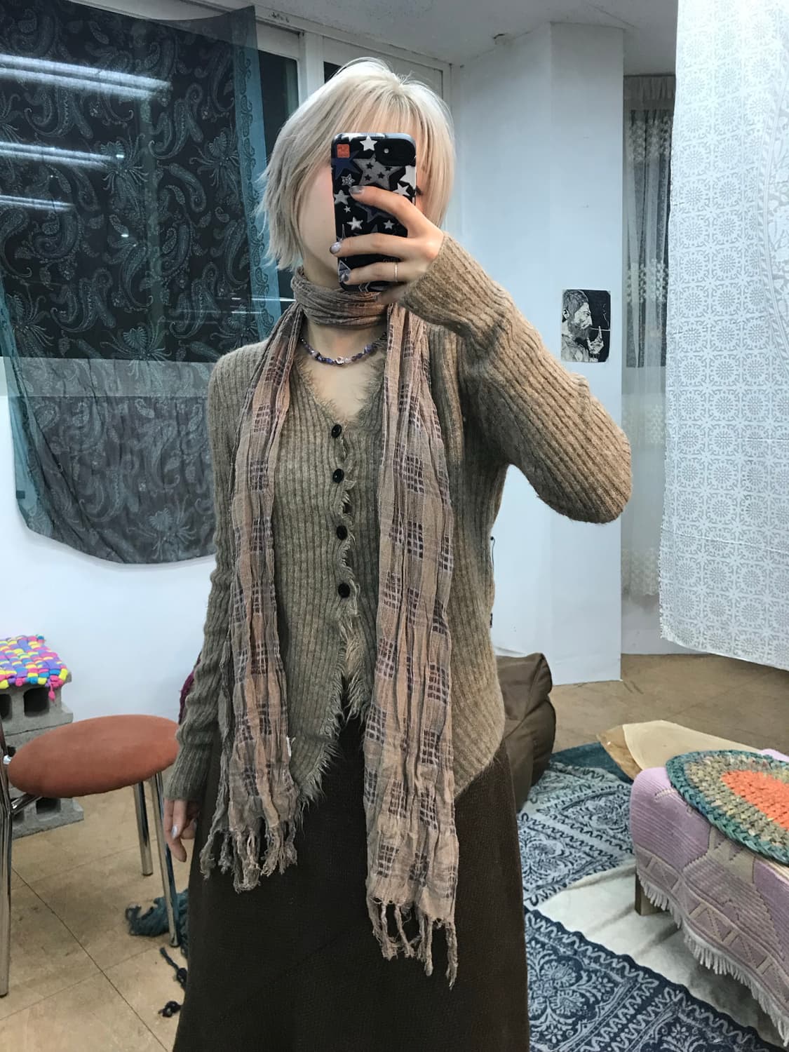 빈티지 린넨 체크 머플러  상품이미지2