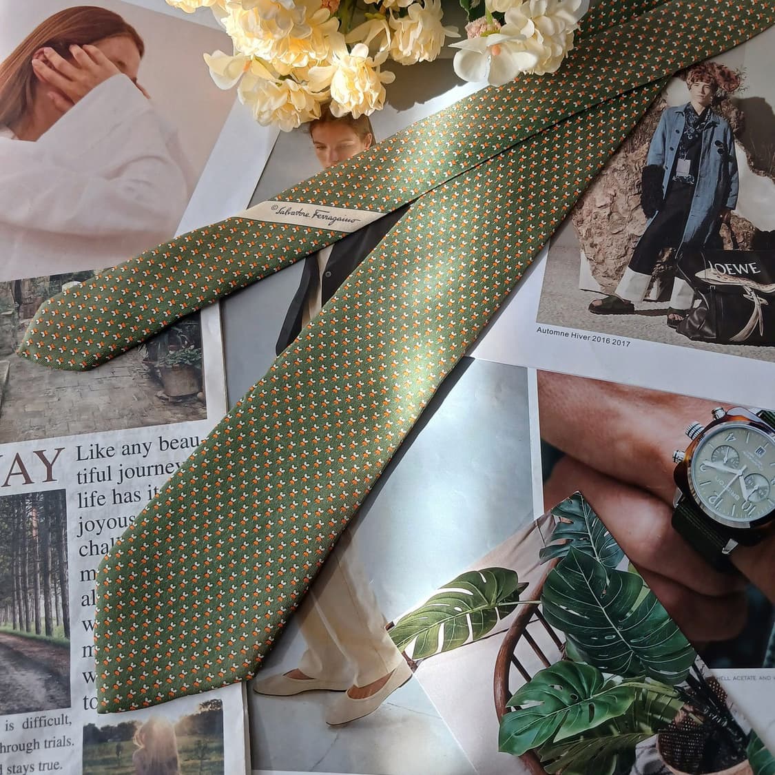 살바토레 페라가모 실크 그린 패턴 넥타이 8.7cm B등급 A19432
 상품이미지4