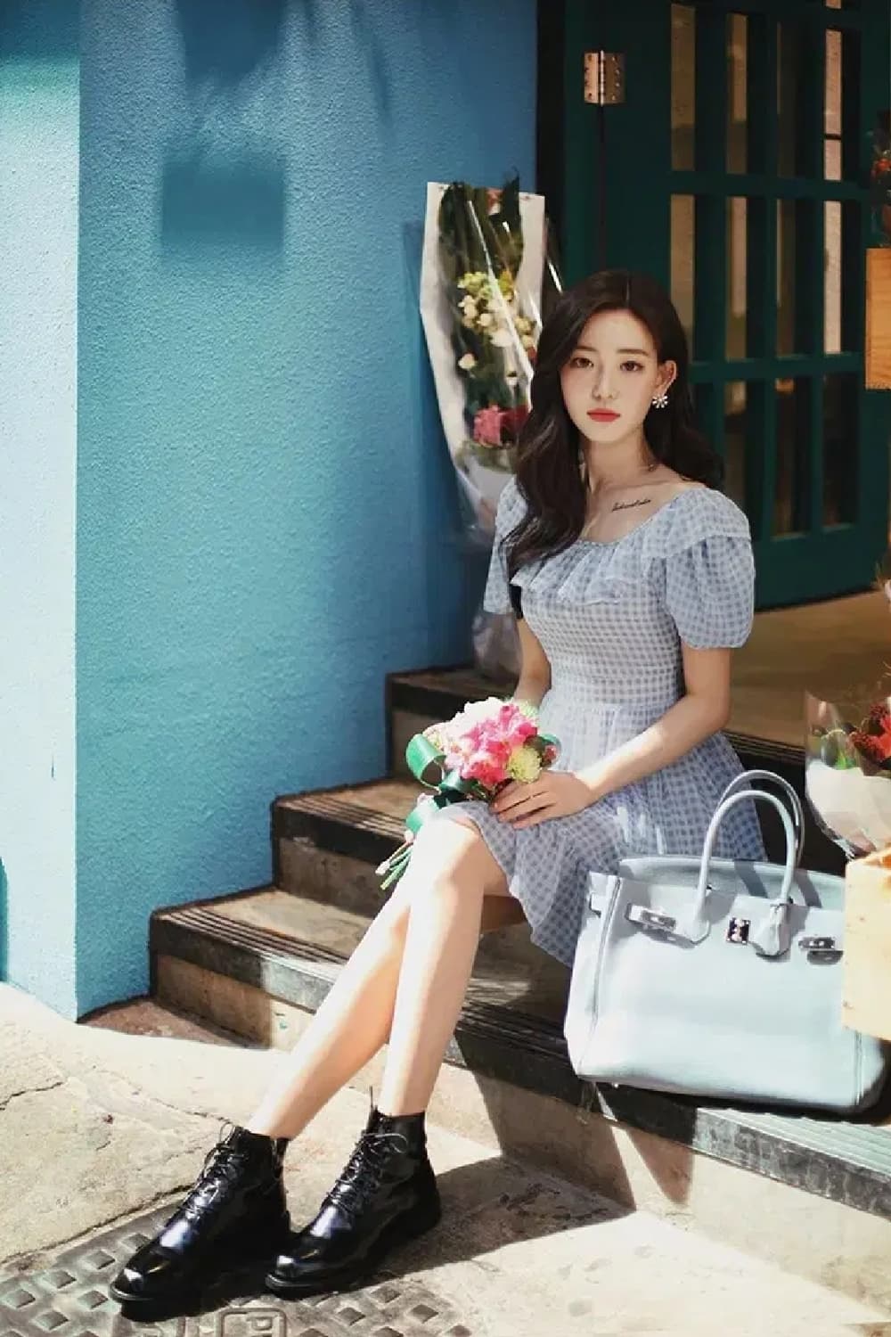 밀크코코아 연블루 체크 오프숄더 리본 쉬폰 원피스 상품이미지3