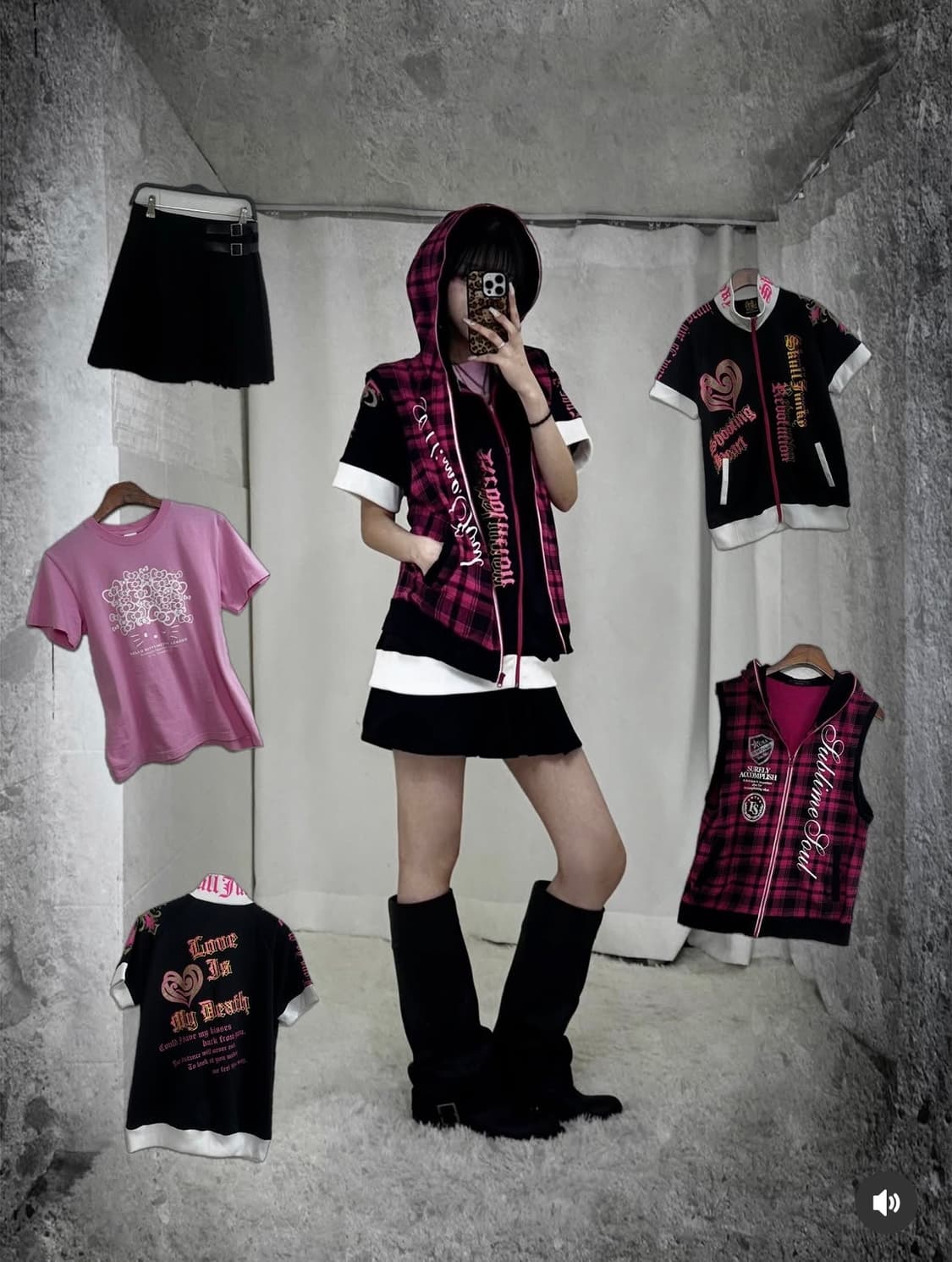 캐캐체 아무사복깔 핑크체크 키치 코디세트  상품이미지1