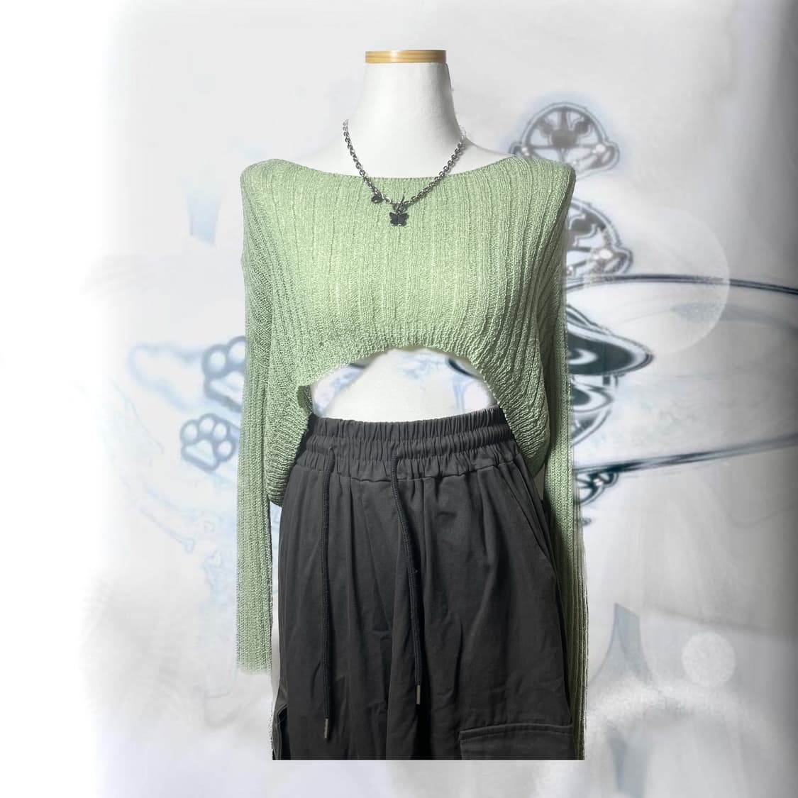 빈티지 올리브 크롭니트 + 차콜 카고 코디 set 상품이미지2
